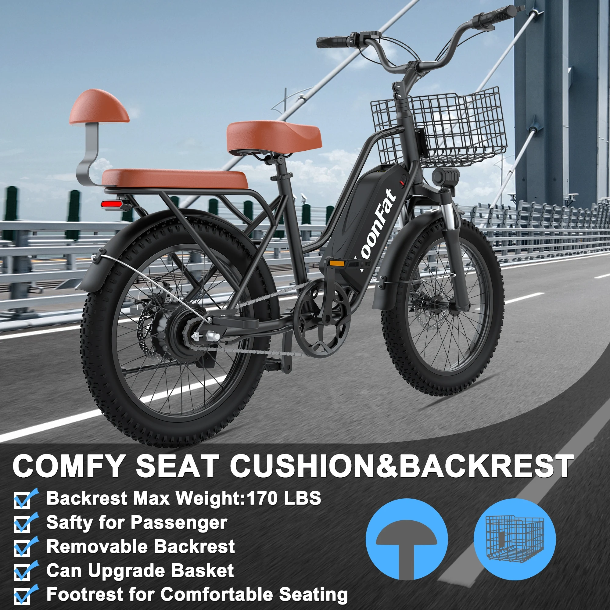 LoonFat T20 Black Adult Ebike 1000W Motor 25 MPH Speed Limiter 48V 15.6Ah Lithium Battery 170 Lbs Max Load Cable Brakes