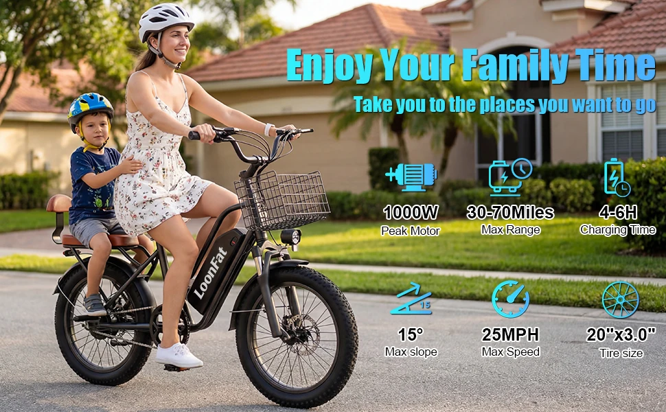 LoonFat T20 Black Adult Ebike 1000W Motor 25 MPH Speed Limiter 48V 15.6Ah Lithium Battery 170 Lbs Max Load Cable Brakes