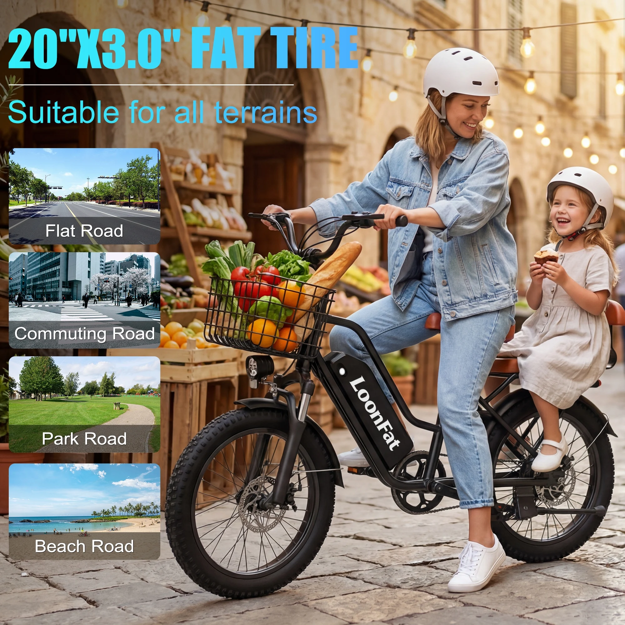 LoonFat T20 Black Adult Ebike 1000W Motor 25 MPH Speed Limiter 48V 15.6Ah Lithium Battery 170 Lbs Max Load Cable Brakes