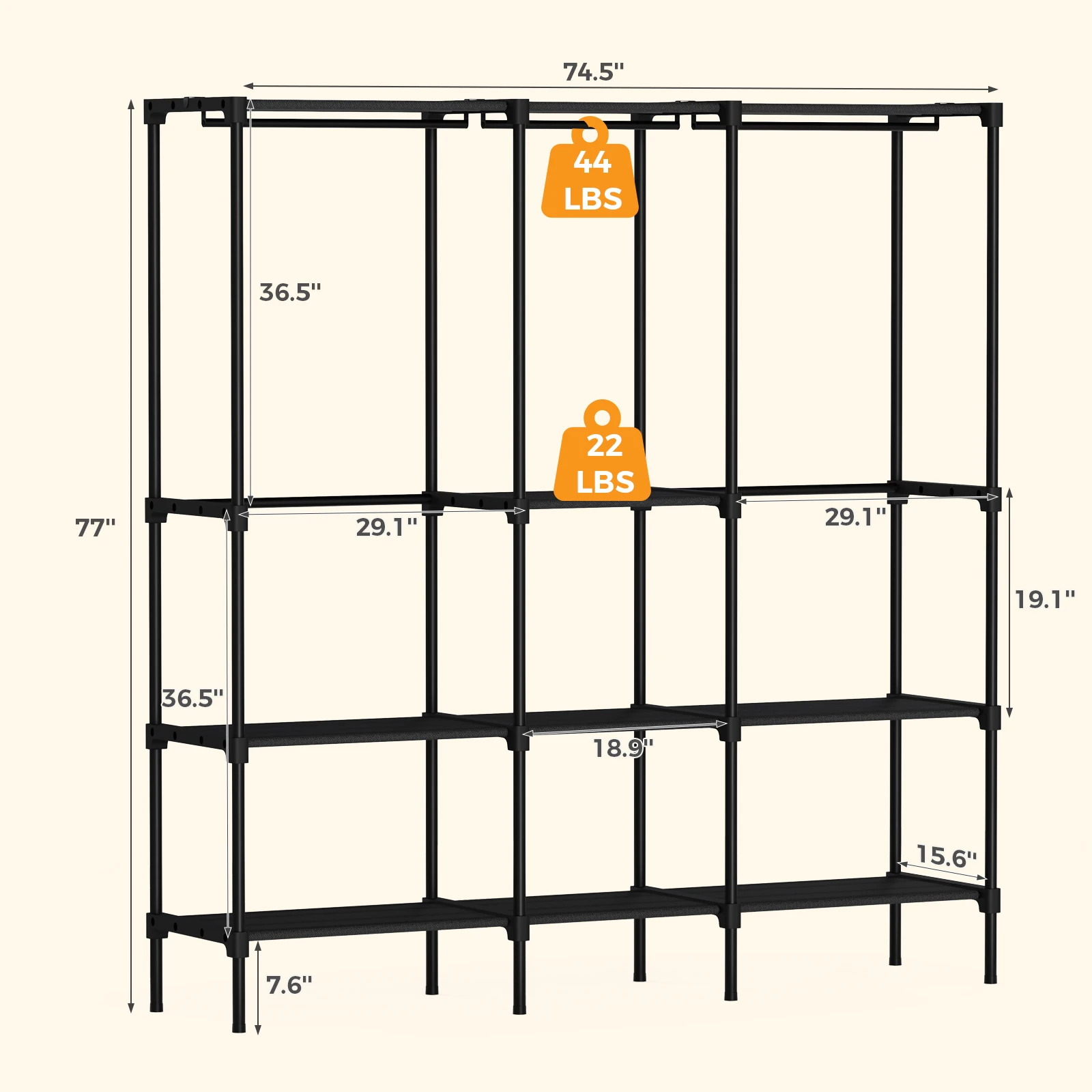 JHK 72IN to 81IN Portable Three Rows Wardrobe Closet with Hanging Rods Clothing Rack with Shelves Mudroom Storage Organizer