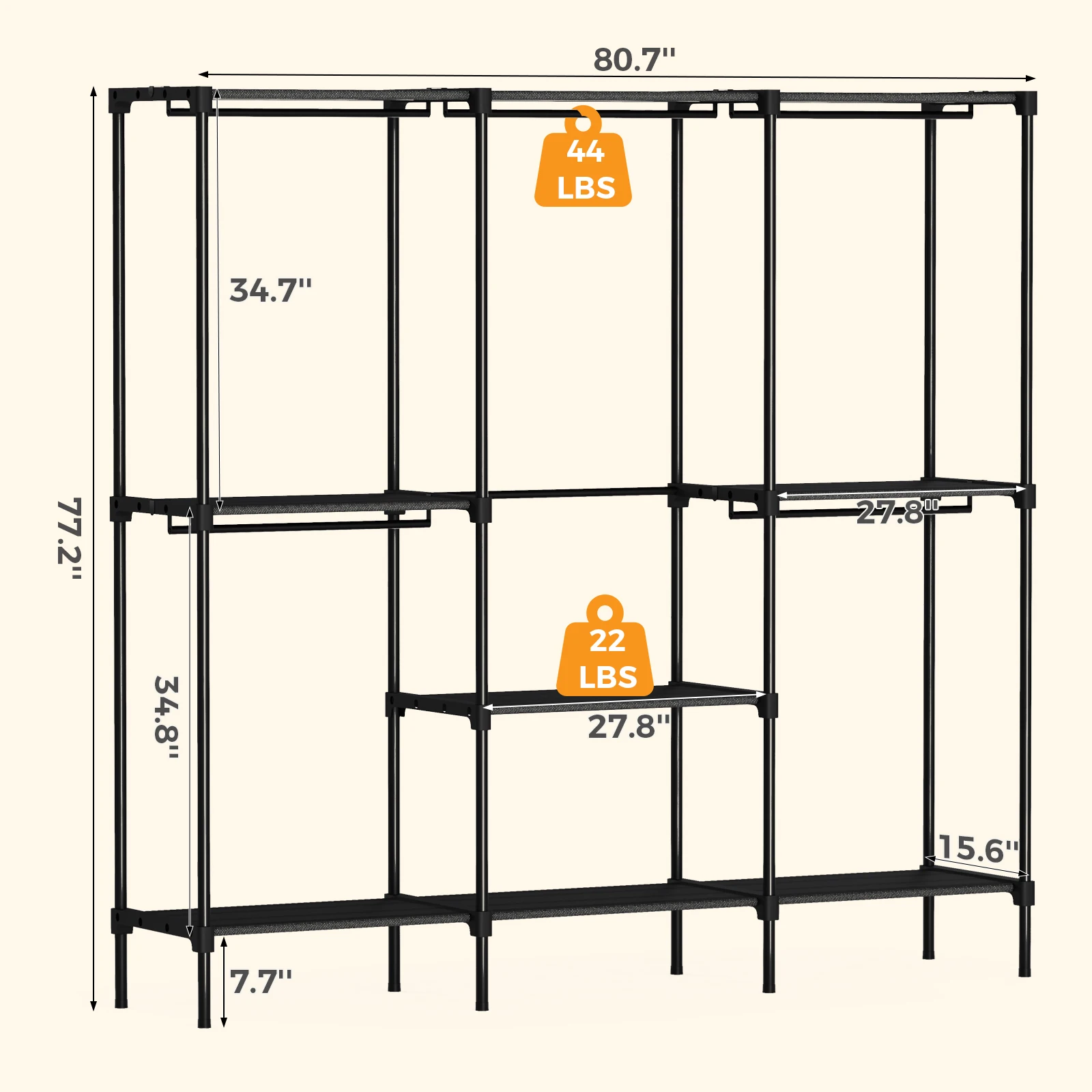 JHK 72IN to 81IN Portable Three Rows Wardrobe Closet with Hanging Rods Clothing Rack with Shelves Mudroom Storage Organizer