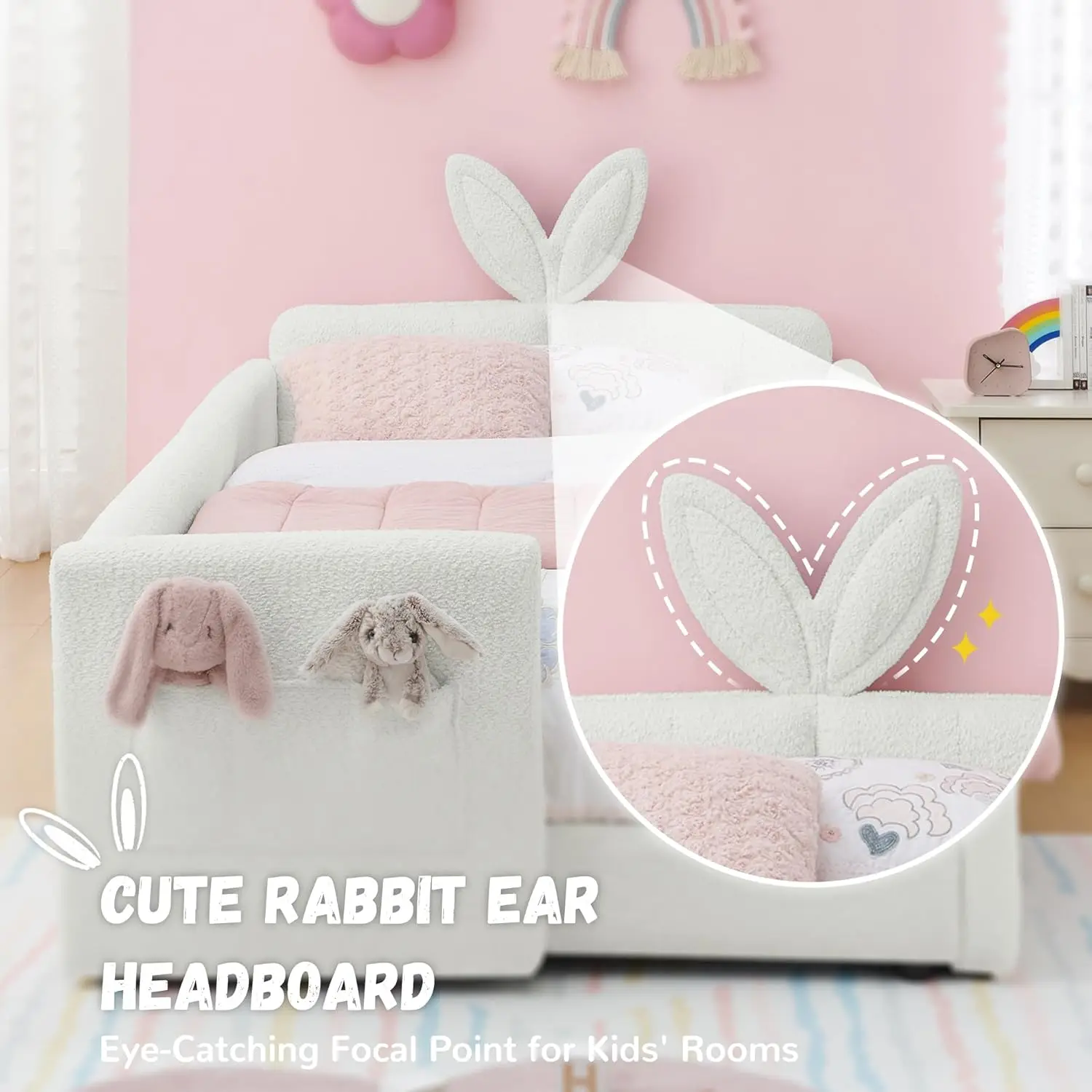 Twin Size Platform Bed,Boucle Upholstered Rabbit Ear Headboard with Pocket & Guardrail for Kids Room,Beige,Customized