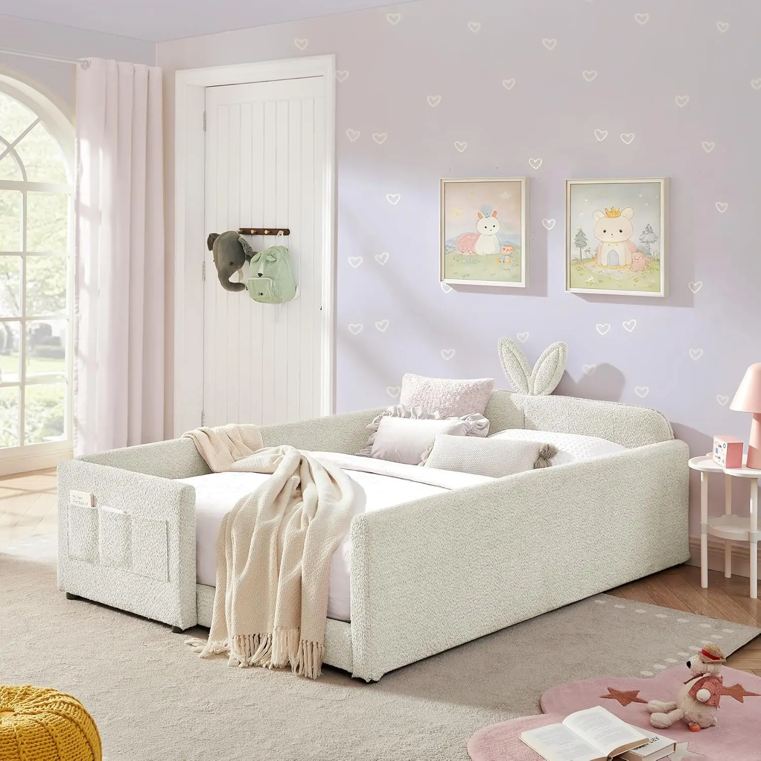Twin Size Platform Bed,Boucle Upholstered Rabbit Ear Headboard with Pocket & Guardrail for Kids Room,Beige,Customized