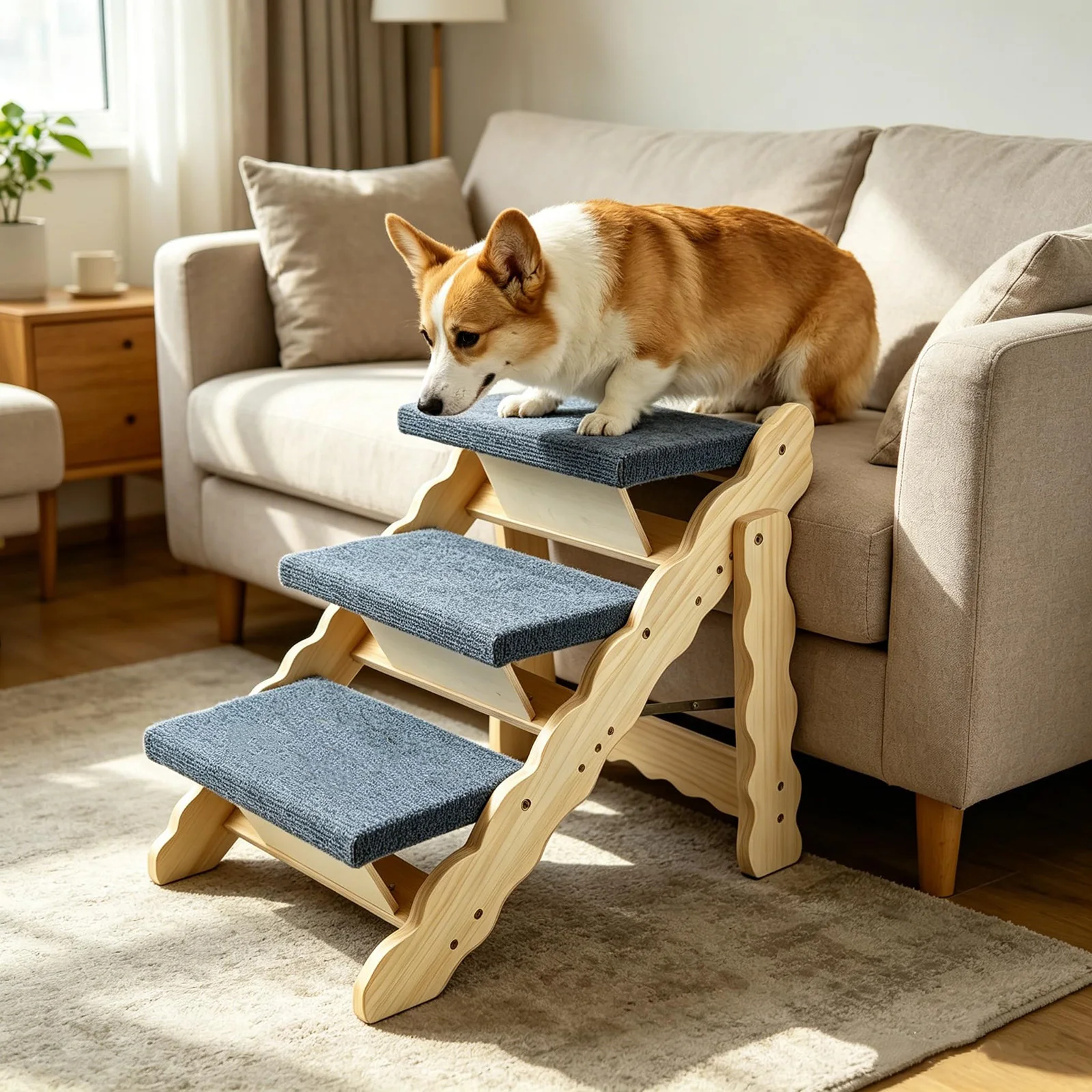 2-in-1 Wooden Pet Stairs & Folding Dog Ramp 3/4 Step Anti-Slip Ladder For High Beds Cars Indoor Cats Dogs Support Up To 150lbs