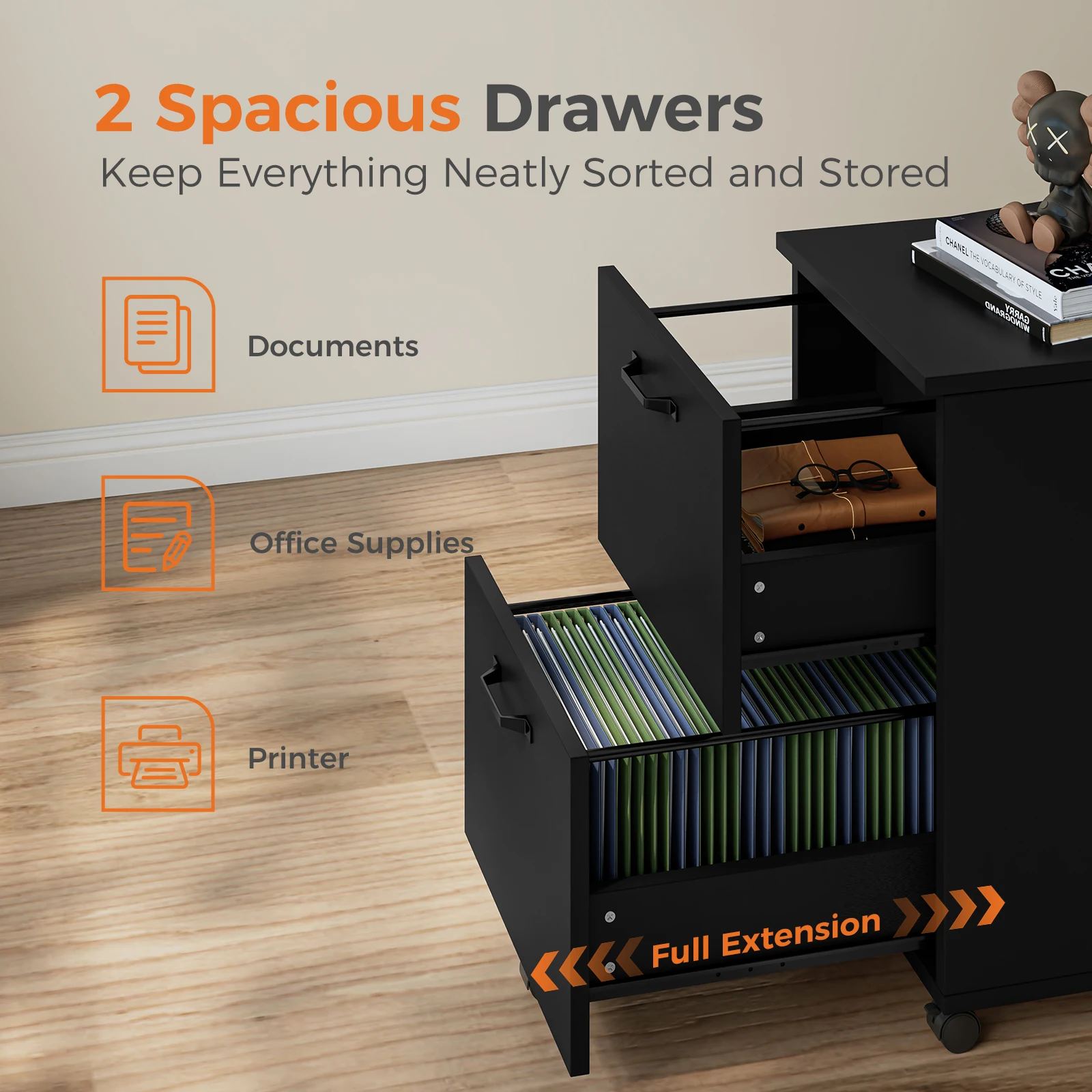 JHK Living Room 2 Drawer Rolling Wood Filing Cabinet with Printer Stand Under Desk Storage Lockable Wheels Home Office Organizer