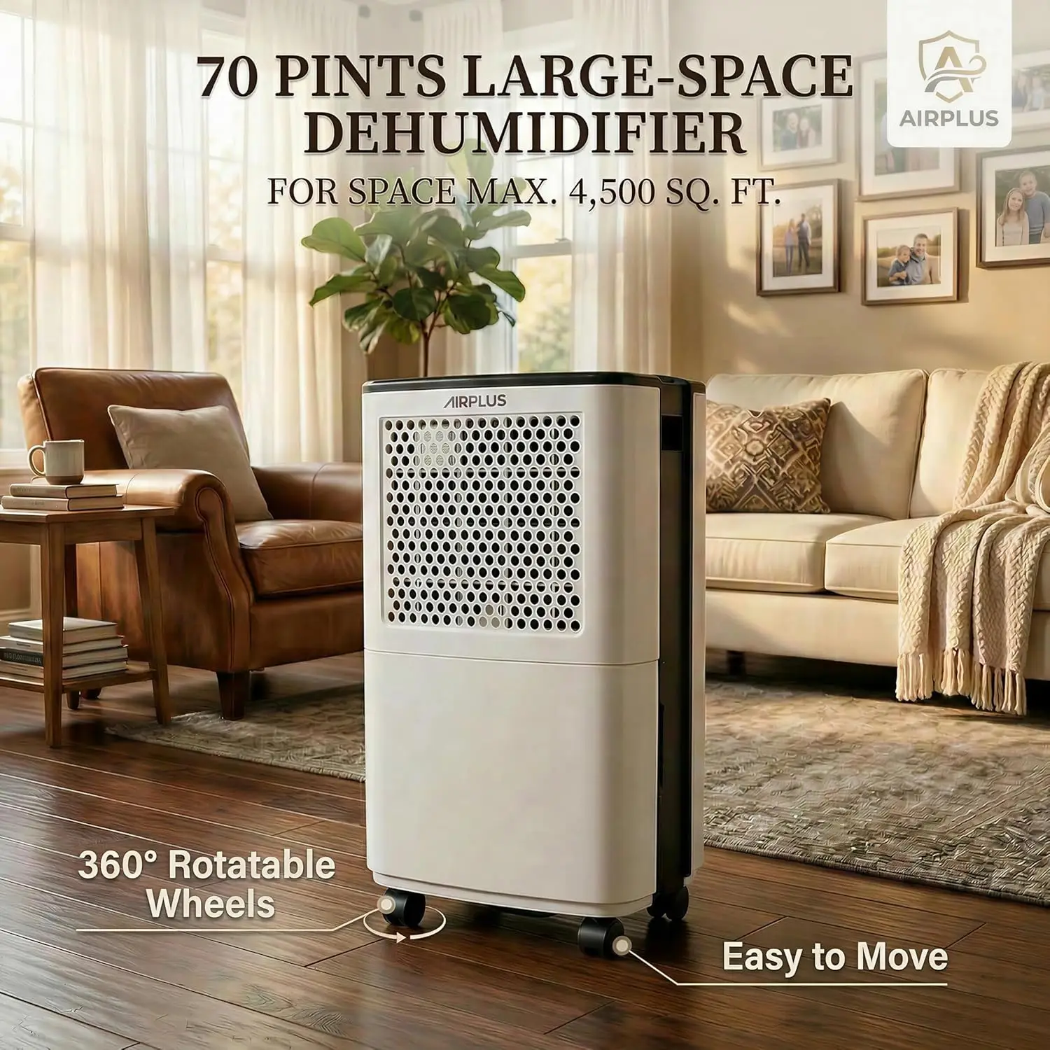 AIRPLUS 4500 Sq. Ft Dehumidifiers for Home, 70 Pints Dehumidifier for Basement with Drain Hose, Continuous Drainage, Intelligent Humidistat, Dehumidifier for Bathroom, Bedroom, Large Room