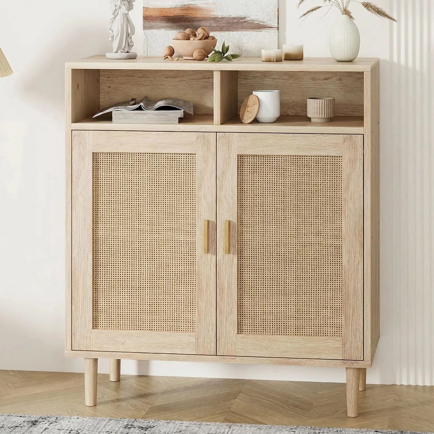 Rattan Entryway Storage Cabinet – 4 Door Sideboard Buffet with Shelf – Handwoven Boho Accent Furniture for Kitchen, Dining