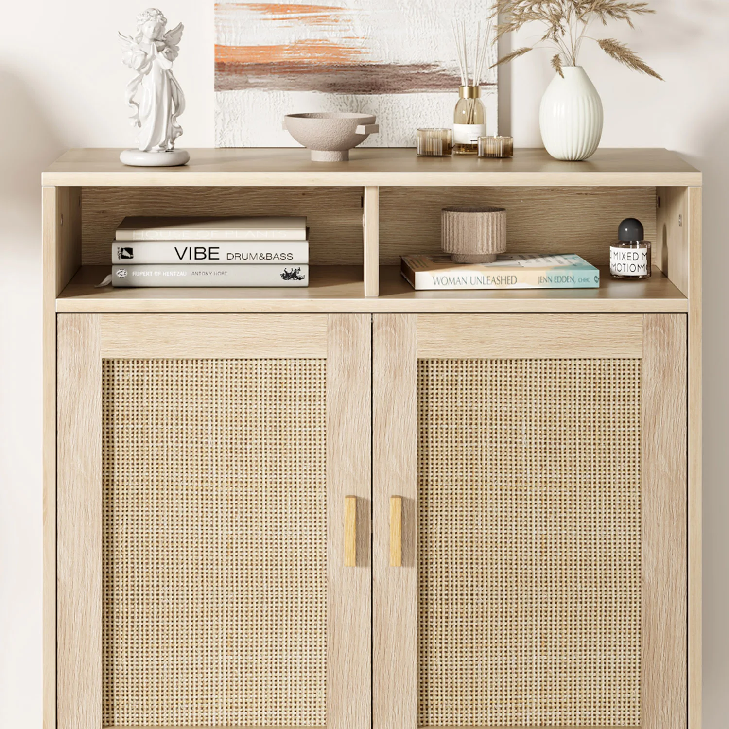 Rattan Entryway Storage Cabinet – 4 Door Sideboard Buffet with Shelf – Handwoven Boho Accent Furniture for Kitchen, Dining