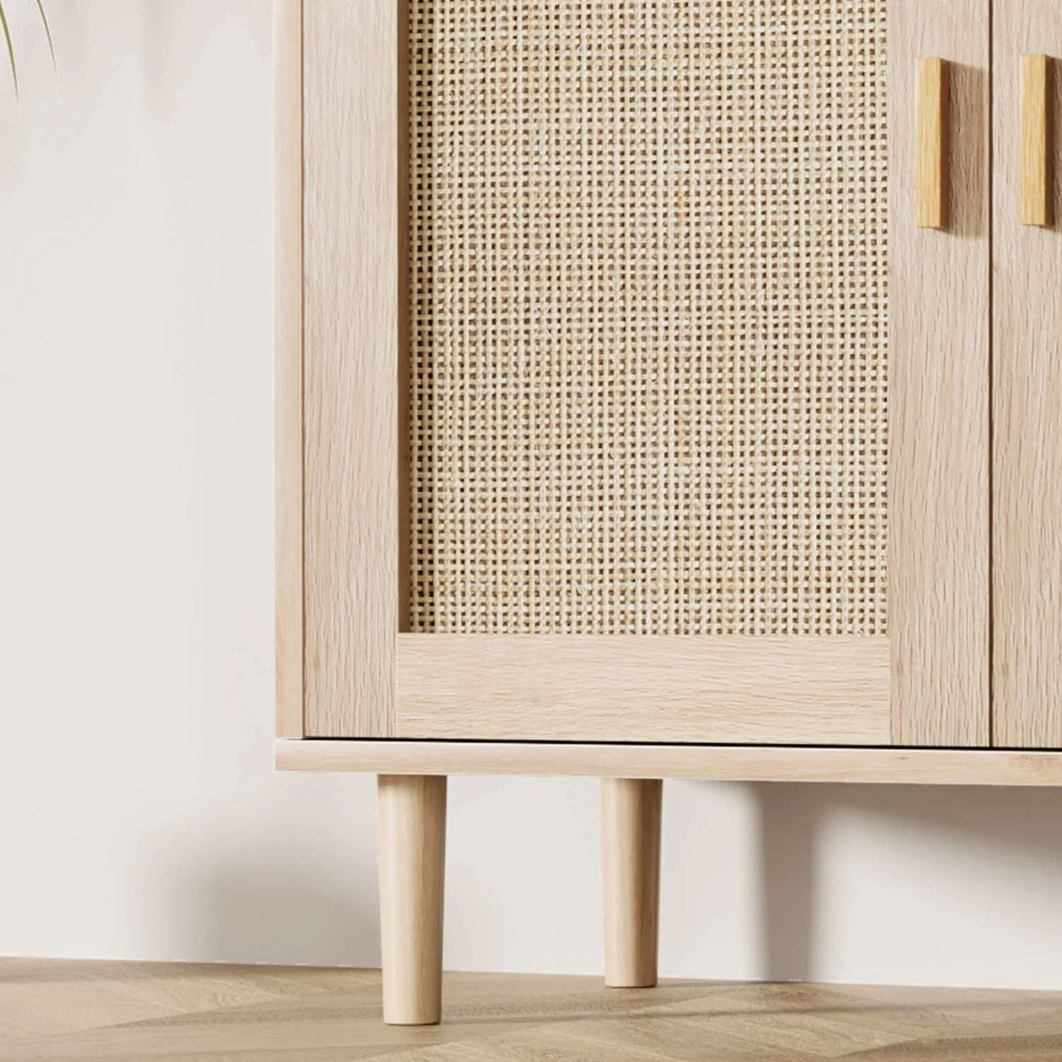 Rattan Entryway Storage Cabinet – 4 Door Sideboard Buffet with Shelf – Handwoven Boho Accent Furniture for Kitchen, Dining