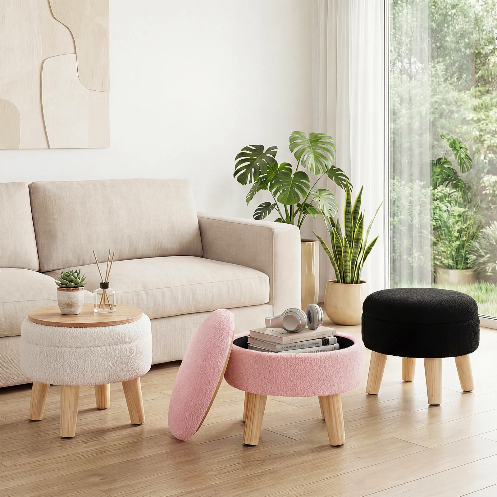 JHK Round Storage Ottoman Stool Teddy Velvet Padded Seat Footstool with Hidden Storage Wood Legs for Living Room Bedroom