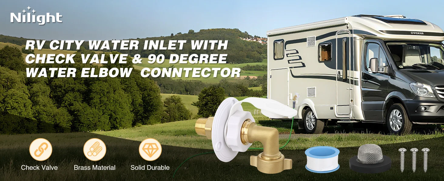 Nilight RV City Water Inlet with Check Valve & 90 Degree Hose Elbow 1/2" NPT Male to 3/4" GHT Female City Water Fill Inlet Flange Connection Fittings Connector Replacement for RV Camper Trailer Marine