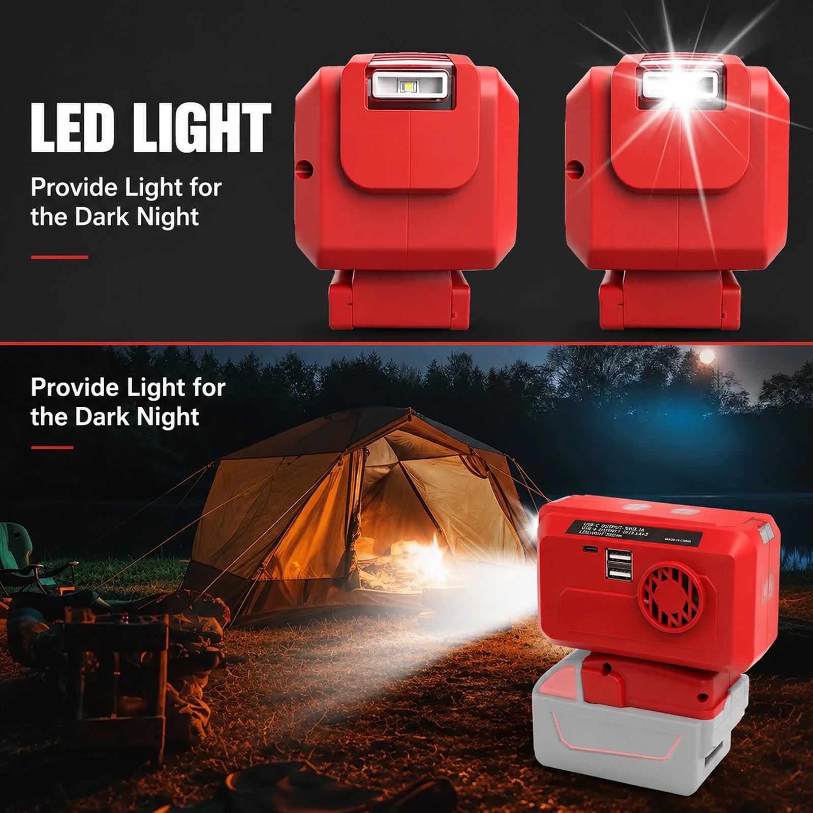 200W Inverter for Milwaukee M18 Battery, AC 110V/USB/Type-C/LED Light, Portable Power for Camping Car Emergency