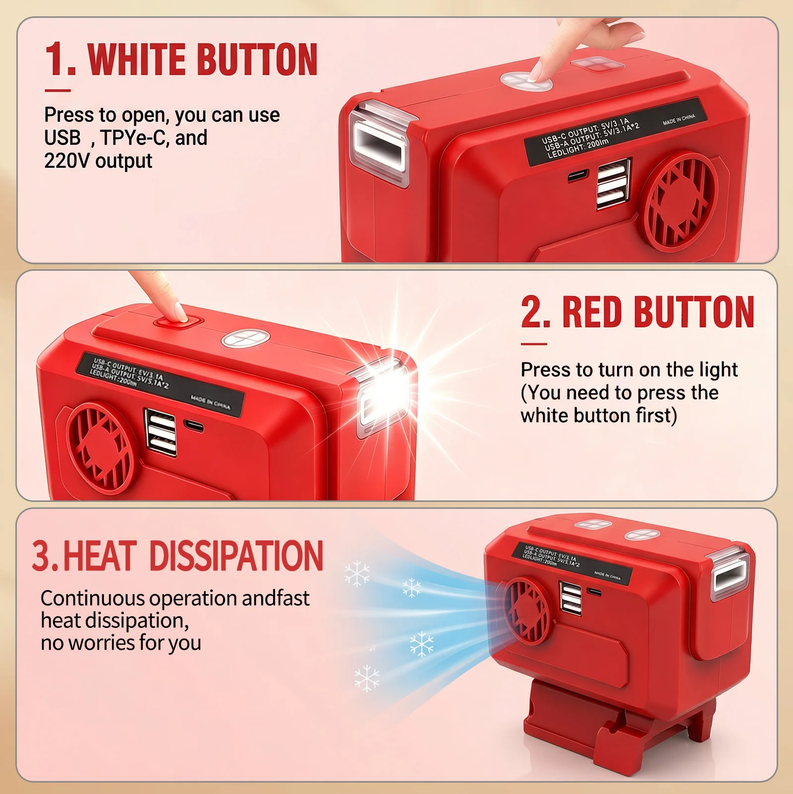 200W Inverter for Milwaukee M18 Battery, AC 110V/USB/Type-C/LED Light, Portable Power for Camping Car Emergency