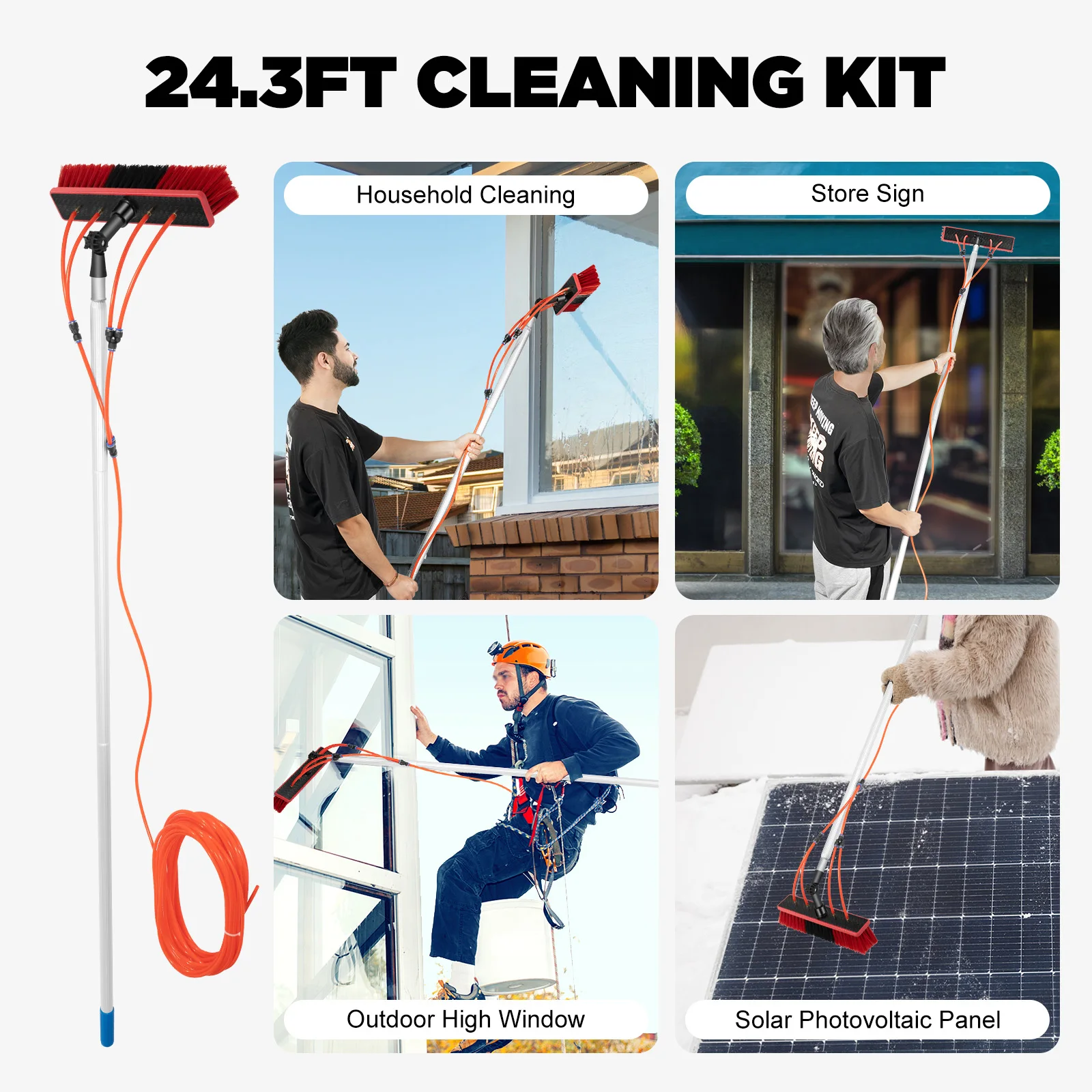 24.3 Ft Water Fed Pole Kit, 3 in 1 Extendable Solar Panel Cleaning Brush Pole Water Fed Pole Kit Outdoor Tall Window Cleaner for Window, Solar Panel, High-Altitude Clean