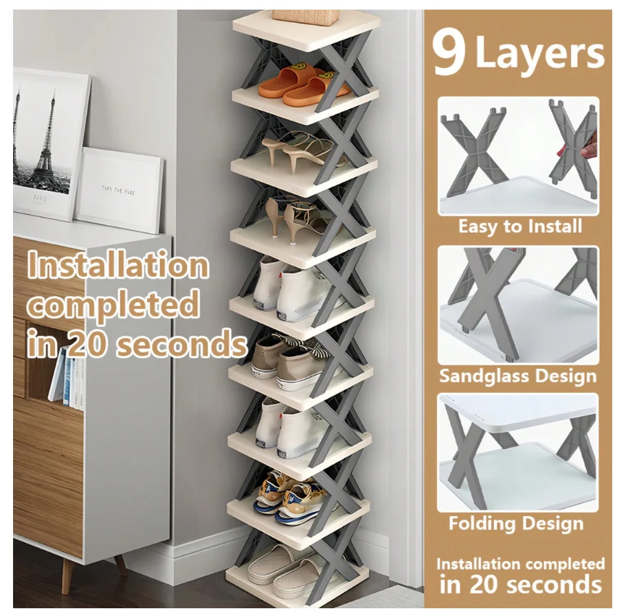 Multi-tier Vertical Shoes Storage Rack 6-9 Layers X-shaped Detachable Plastic Shoe Organizer Lightweight Easy Disassembly Household Space Saving Shoe Shelf Stackable Design Footwear Storage Holder For Indoor Home Bedroom Entrance Shoe Organization