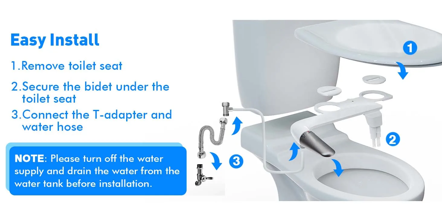 Ultra-Slim Bidet Attachment for Toilet - Dual Nozzle (Frontal & Rear Wash), Adjustable Water Pressure, Non-Electric, Cold Fresh Water, Easy to Install, Fits Existing Toilets (White)