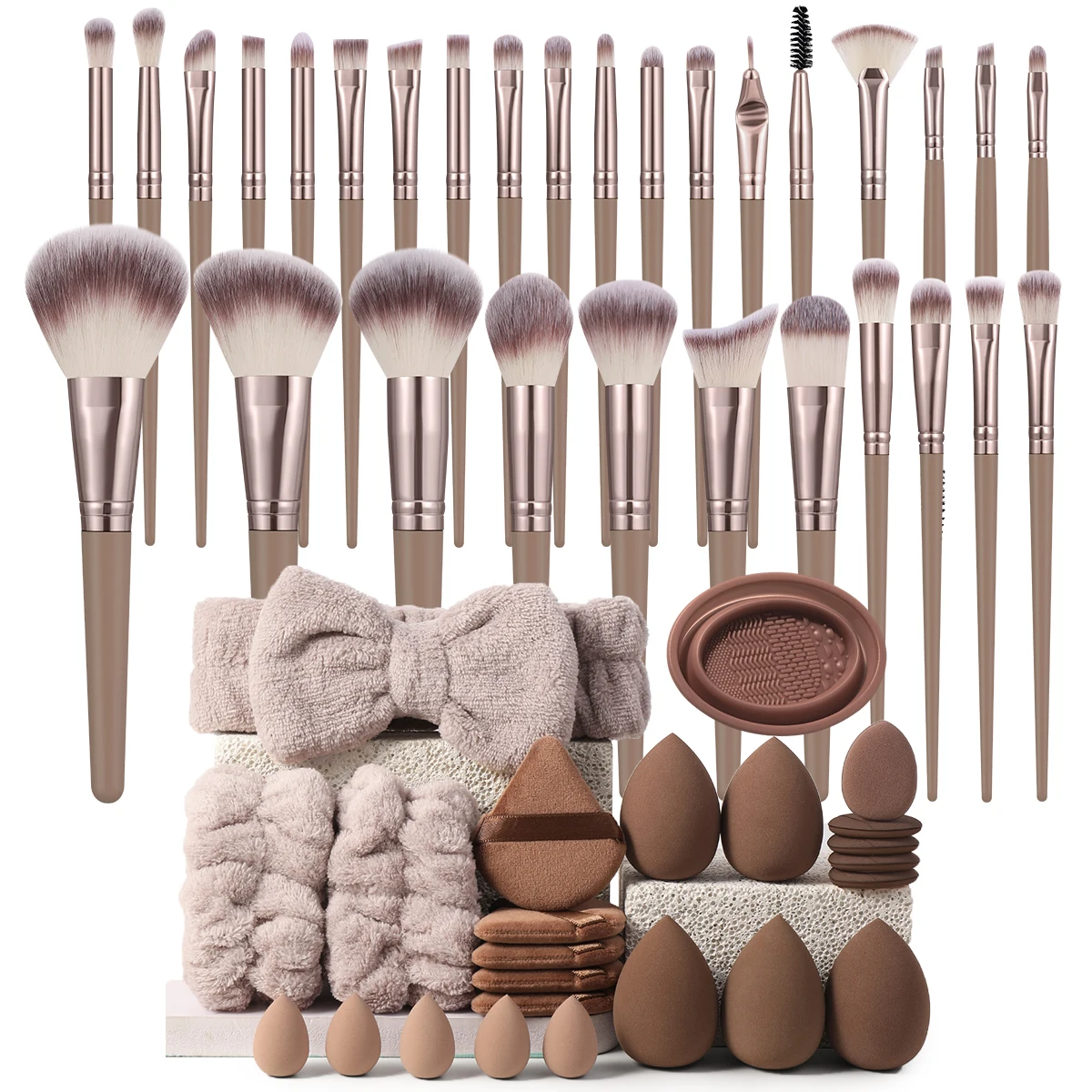 54PCS Makeup Tools: 30PCS Brush Set + 10PCS Makeup Sponges + 10PCS Powder Puffs + 4PCS Tools