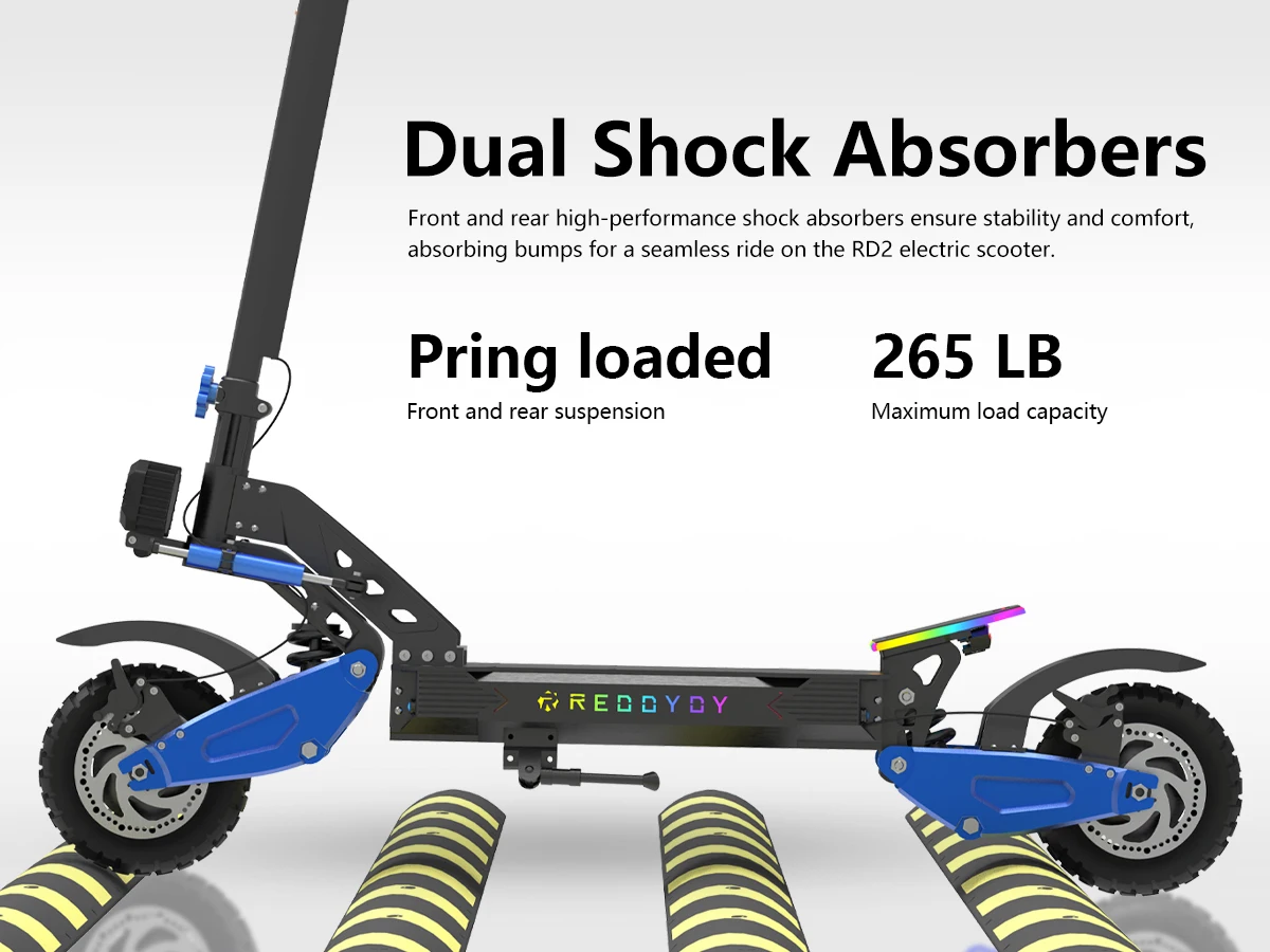 REDDYDY Adult Electric Scooter APP Control 3600W Peak Dual Motors 45MPH Max Speed 50Miles Max Range 60V18.2Ah Battery Smart Riding 3 Modes NFC Unlocking Dual Hydraulic Disc Brakes Full Suspension 10.5' Tires for Commuting Outdoor RD2/PRO Offroad E-Scooter