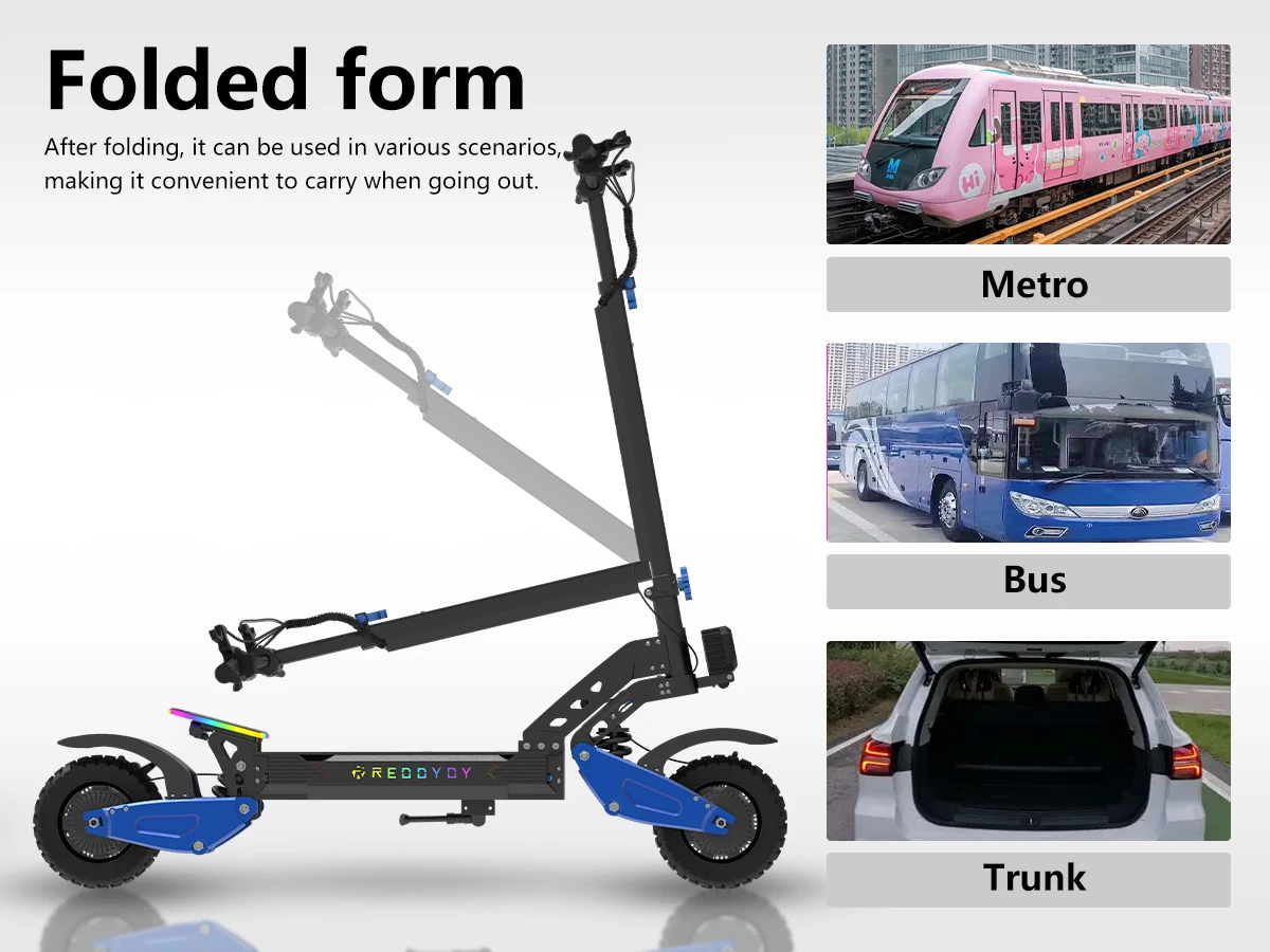 REDDYDY Adult Electric Scooter APP Control 3600W Peak Dual Motors 45MPH Max Speed 50Miles Max Range 60V18.2Ah Battery Smart Riding 3 Modes NFC Unlocking Dual Hydraulic Disc Brakes Full Suspension 10.5' Tires for Commuting Outdoor RD2/PRO Offroad E-Scooter