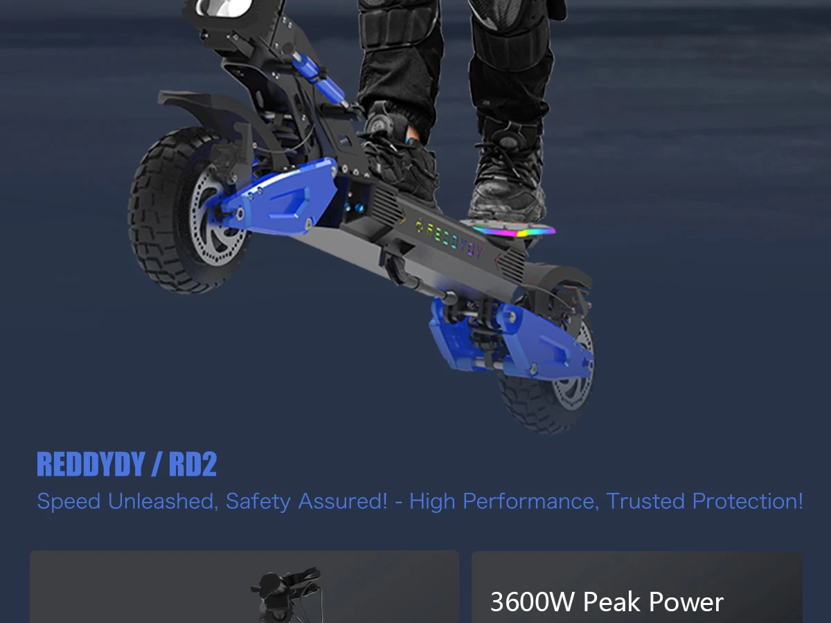 REDDYDY Adult Electric Scooter APP Control 3600W Peak Dual Motors 45MPH Max Speed 50Miles Max Range 60V18.2Ah Battery Smart Riding 3 Modes NFC Unlocking Dual Hydraulic Disc Brakes Full Suspension 10.5' Tires for Commuting Outdoor RD2/PRO Offroad E-Scooter