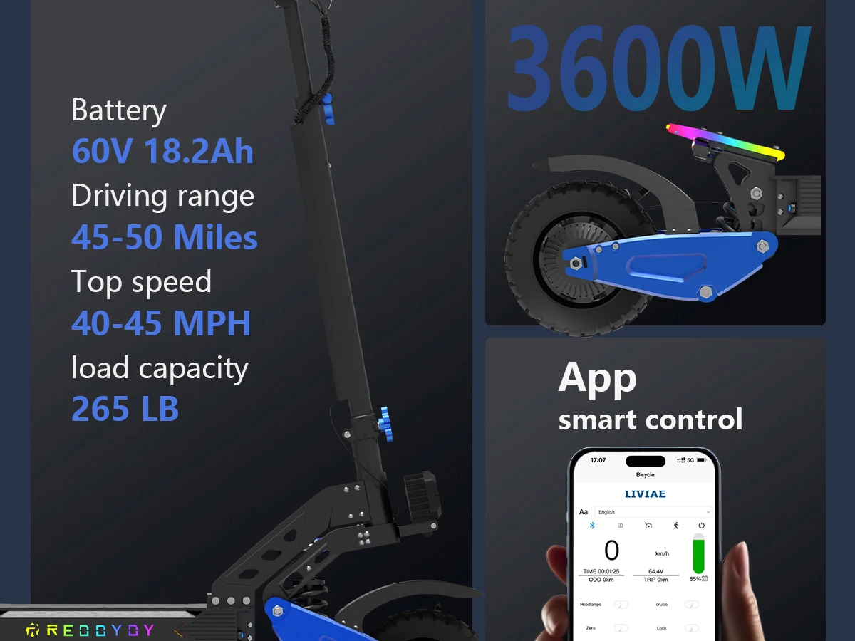 REDDYDY Adult Electric Scooter APP Control 3600W Peak Dual Motors 45MPH Max Speed 50Miles Max Range 60V18.2Ah Battery Smart Riding 3 Modes NFC Unlocking Dual Hydraulic Disc Brakes Full Suspension 10.5' Tires for Commuting Outdoor RD2/PRO Offroad E-Scooter