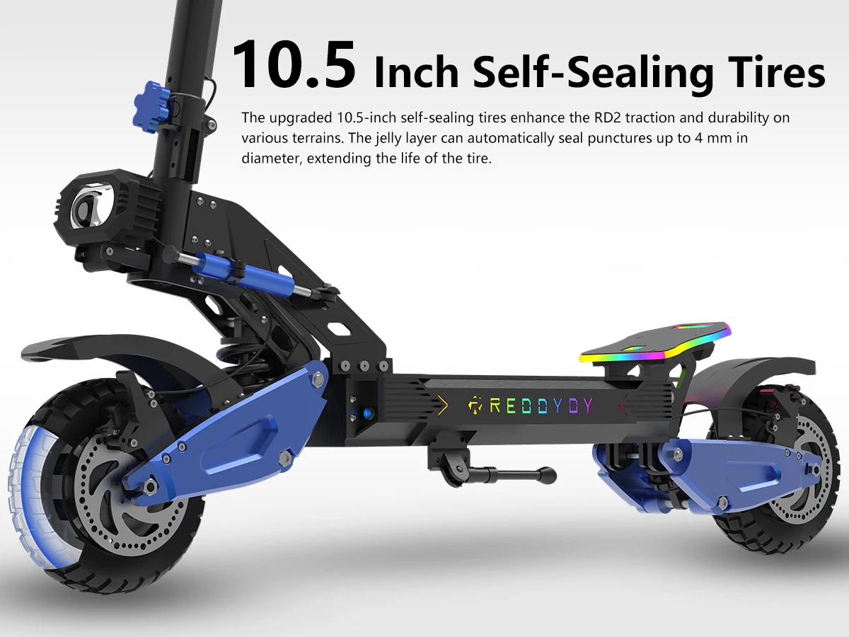 REDDYDY Adult Electric Scooter APP Control 3600W Peak Dual Motors 45MPH Max Speed 50Miles Max Range 60V18.2Ah Battery Smart Riding 3 Modes NFC Unlocking Dual Hydraulic Disc Brakes Full Suspension 10.5' Tires for Commuting Outdoor RD2/PRO Offroad E-Scooter