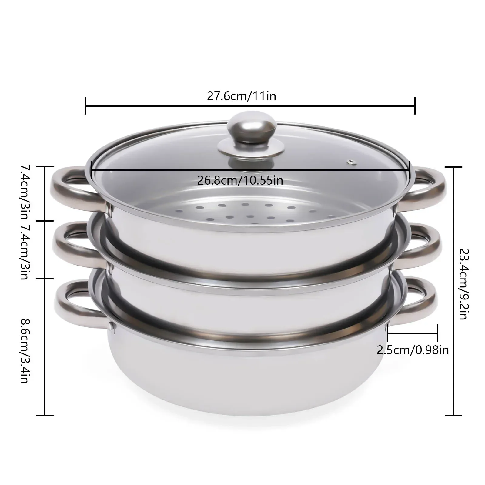 Steamer Pot, 28 cm 3-tier Stainless Steel Steamer Pot Cookware with Lid Handle Stackable Pan Insert, fits for Induction/Gas/Electric Stoves