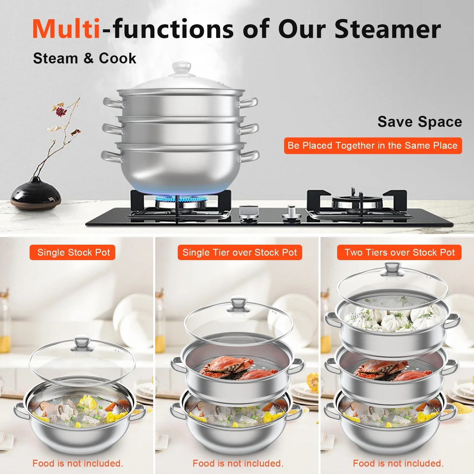 Steamer Pot, 28 cm 3-tier Stainless Steel Steamer Pot Cookware with Lid Handle Stackable Pan Insert, fits for Induction/Gas/Electric Stoves
