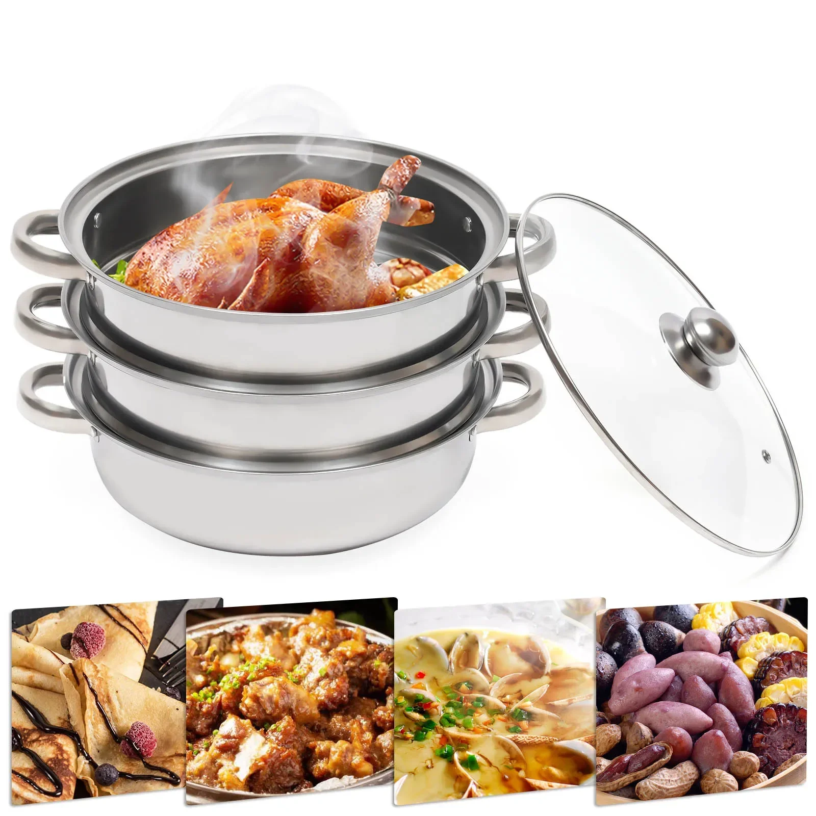 Steamer Pot, 28 cm 3-tier Stainless Steel Steamer Pot Cookware with Lid Handle Stackable Pan Insert, fits for Induction/Gas/Electric Stoves