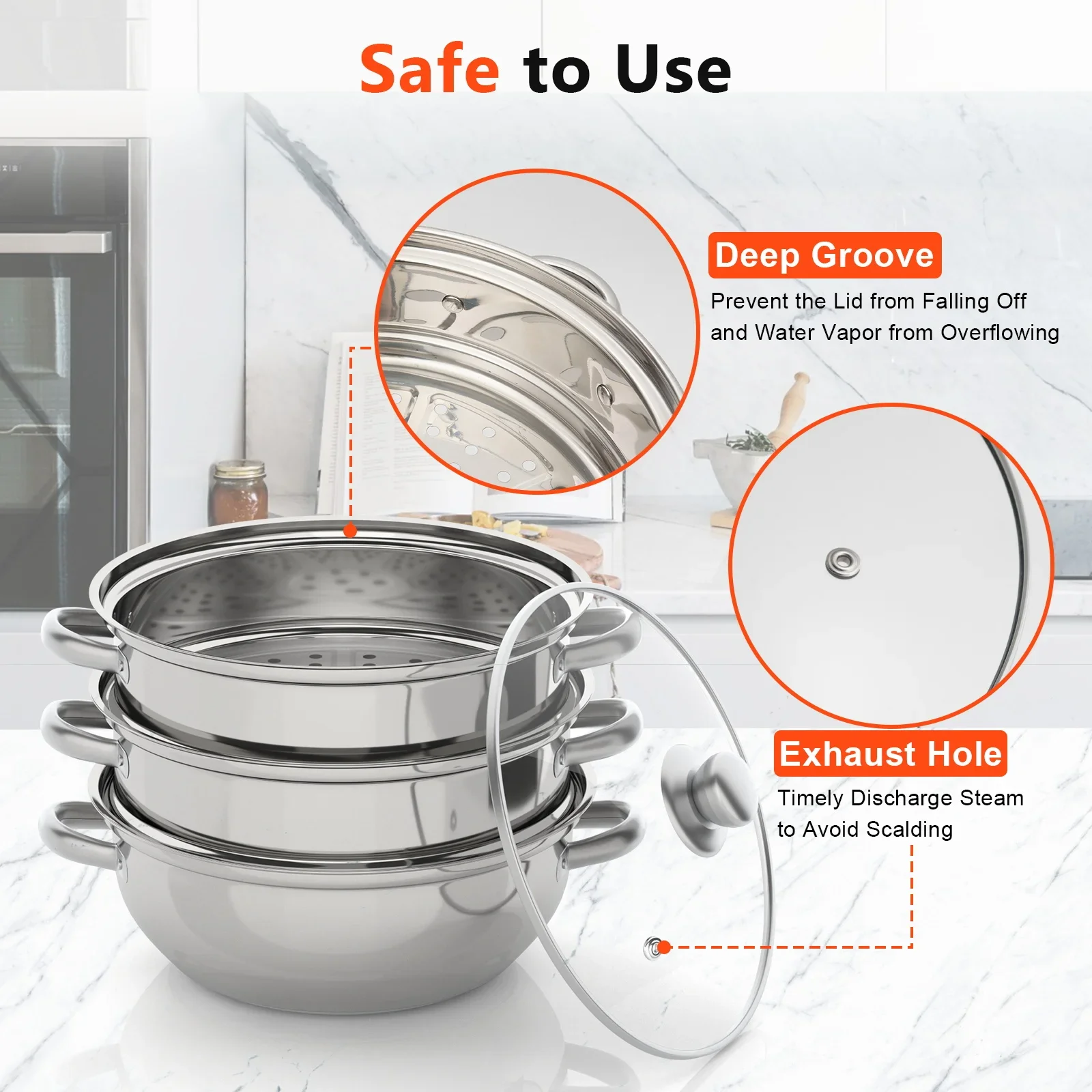 Steamer Pot, 28 cm 3-tier Stainless Steel Steamer Pot Cookware with Lid Handle Stackable Pan Insert, fits for Induction/Gas/Electric Stoves