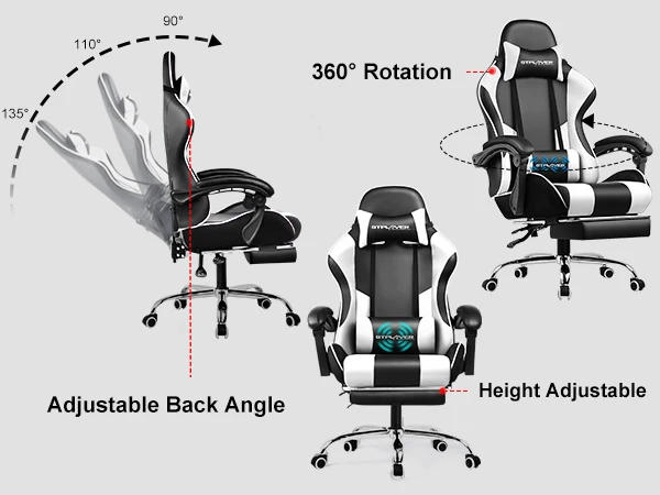 GTPLAYER Gaming Chair with Footrest, Lumbar Support, Adjustable Height, Swivel Seat, Headrest for Office or Gaming