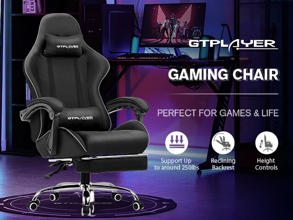 GTPLAYER Gaming Chair with Footrest, Lumbar Support, Adjustable Height, Swivel, Headrest for Office/Gaming