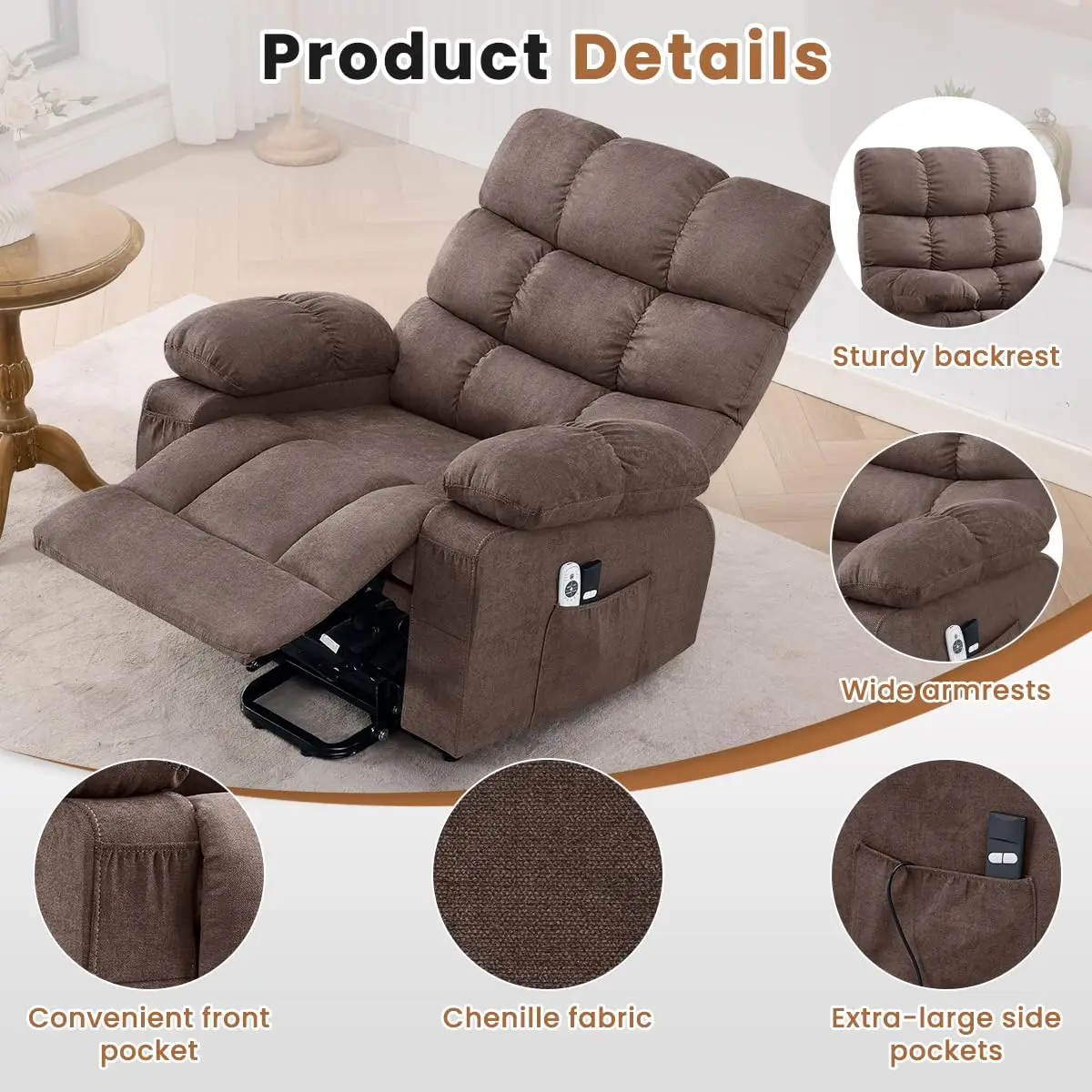 Electric Power Lift Recliner with Massage & Heat for Elderly,Side Pockets,Living Room,Customized