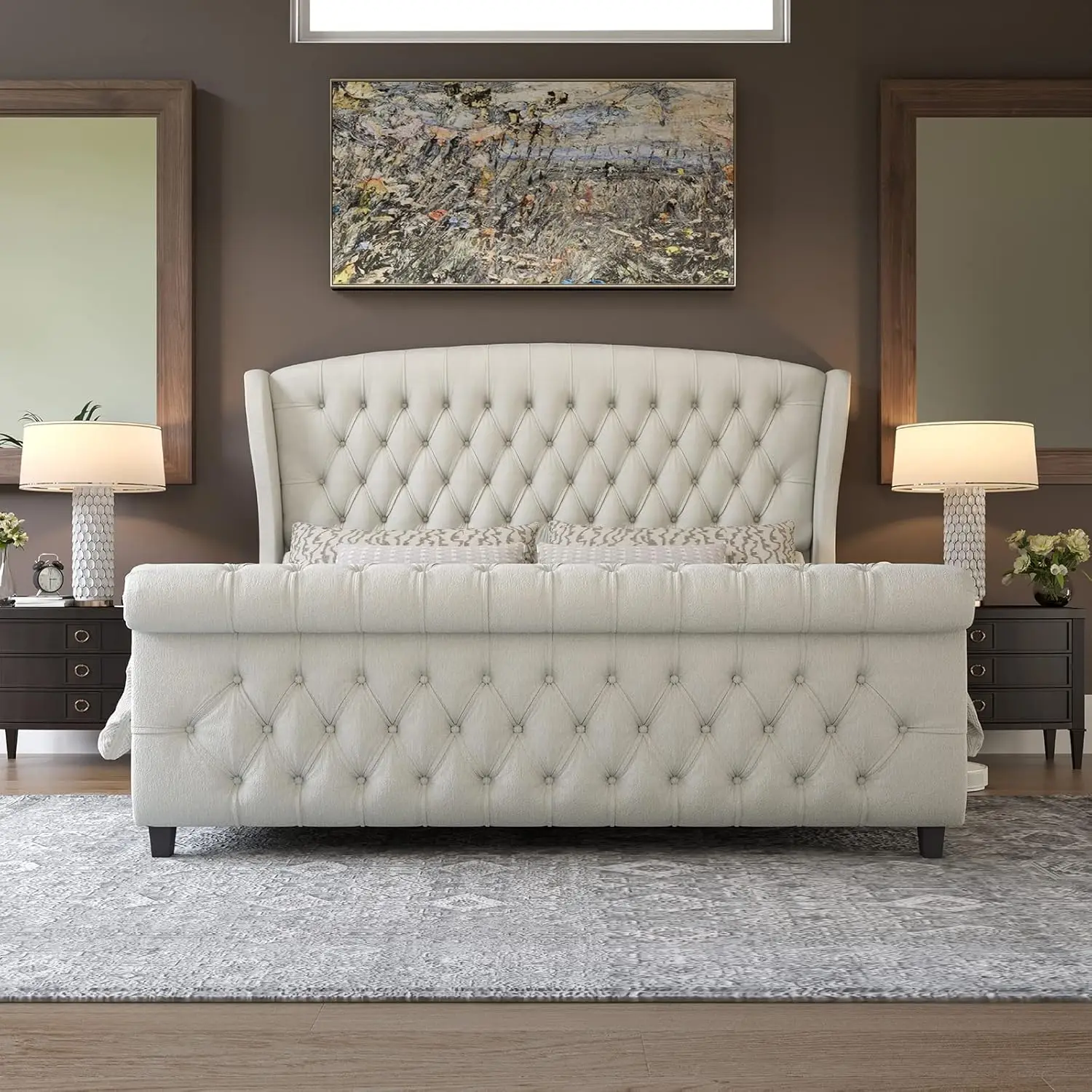 Queen Size Platform Bed Frame, Chenille Upholstered Sleigh Bed with Scroll Wingback Headboard & Footboard/Button, Customized