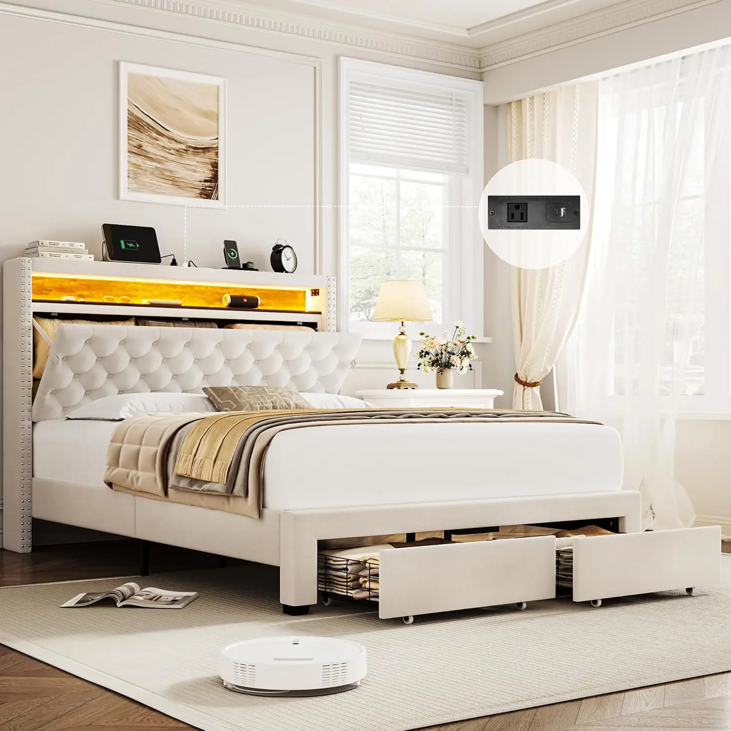 Queen LED Storage Bed Frame USB Charging Velvet Upholstered 2 Drawers Tufted Headboard No Box Spring, Customized