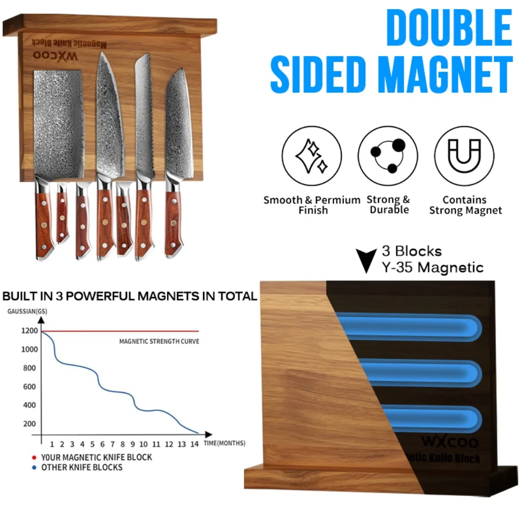Kitchen Double-sided Wooden Magnetic Knife Block Holder Rack for Kitchen Convenience with Strong Enhanced Magnets Knife
