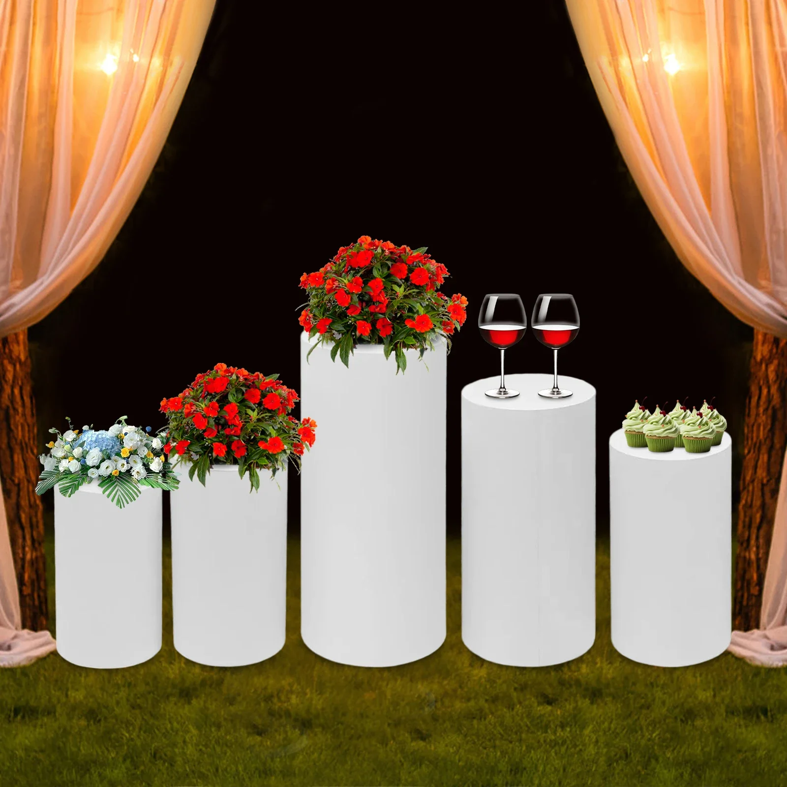 5Pcs Cylinder Pedestal Stand, Metal Cylinder Stands for Party Event Decor White Cylinder Pedestal Stand for Cake, Dessert,Flower