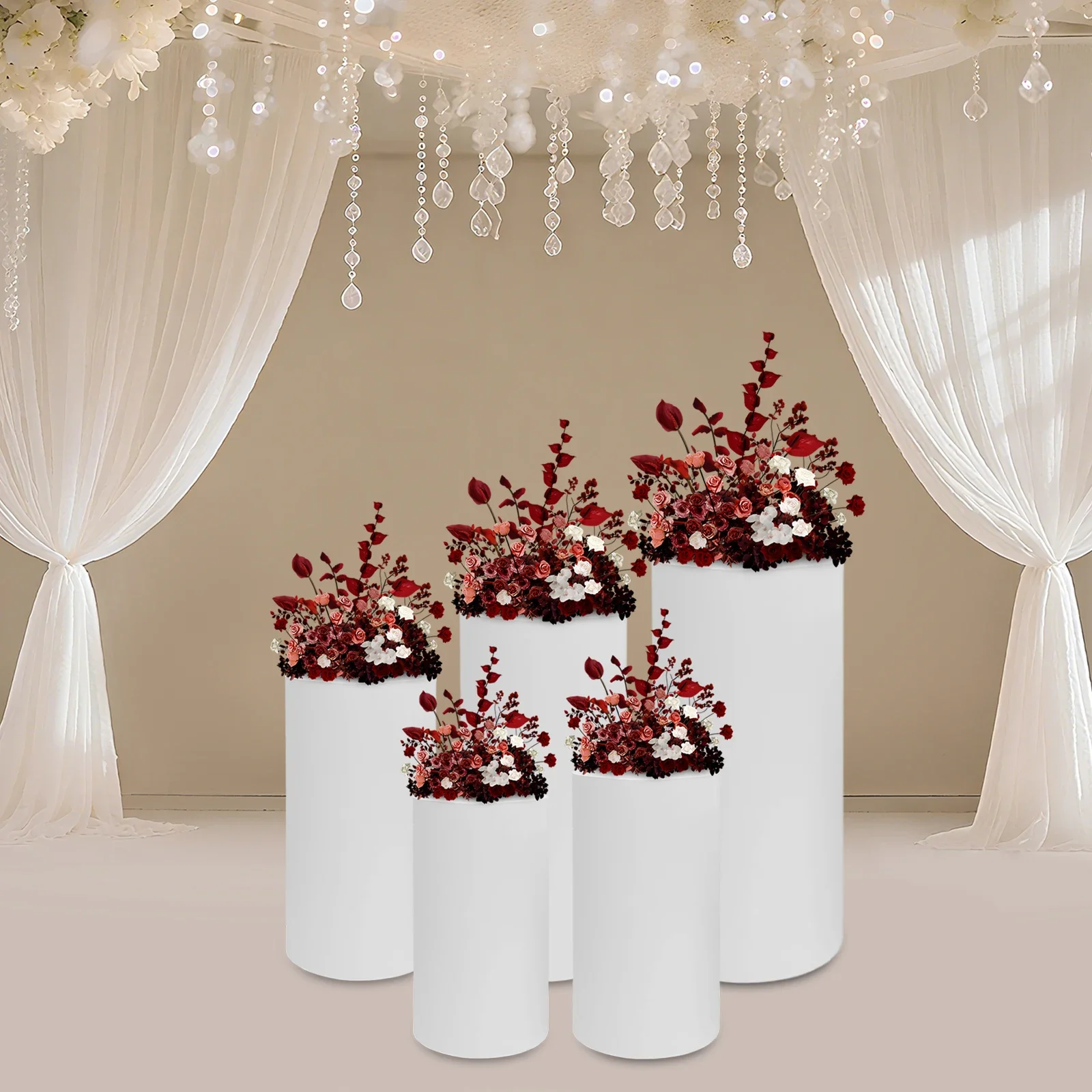 5Pcs Cylinder Pedestal Stand, Metal Cylinder Stands for Party Event Decor White Cylinder Pedestal Stand for Cake, Dessert,Flower