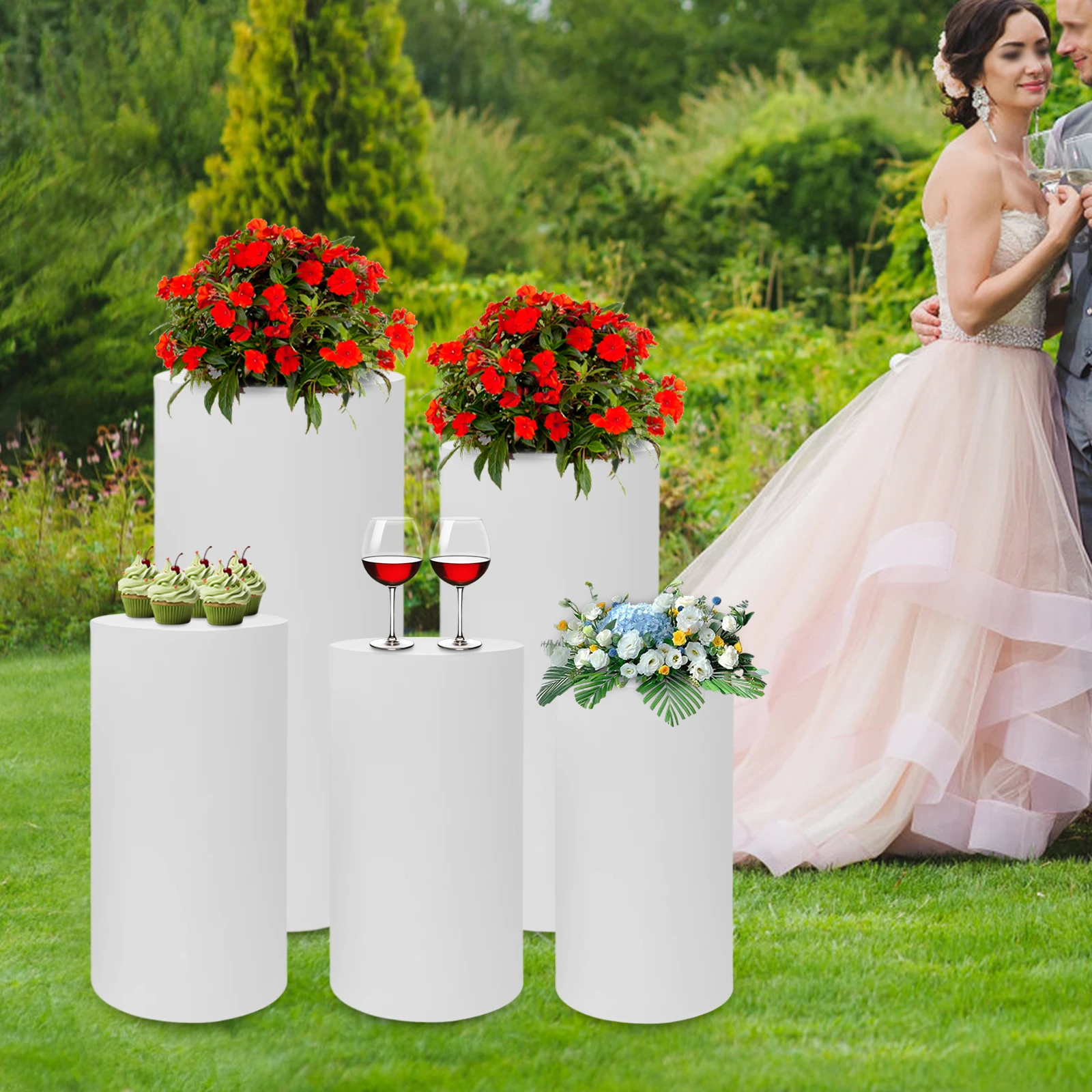5Pcs Cylinder Pedestal Stand, Metal Cylinder Stands for Party Event Decor White Cylinder Pedestal Stand for Cake, Dessert,Flower