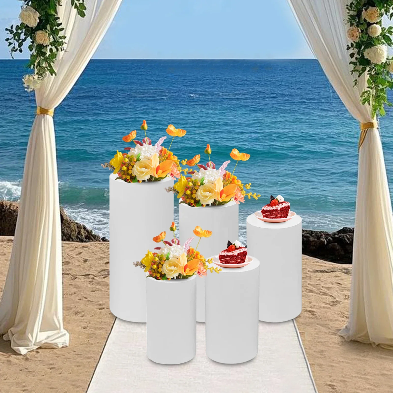 5Pcs Cylinder Pedestal Stand, Metal Cylinder Stands for Party Event Decor White Cylinder Pedestal Stand for Cake, Dessert,Flower