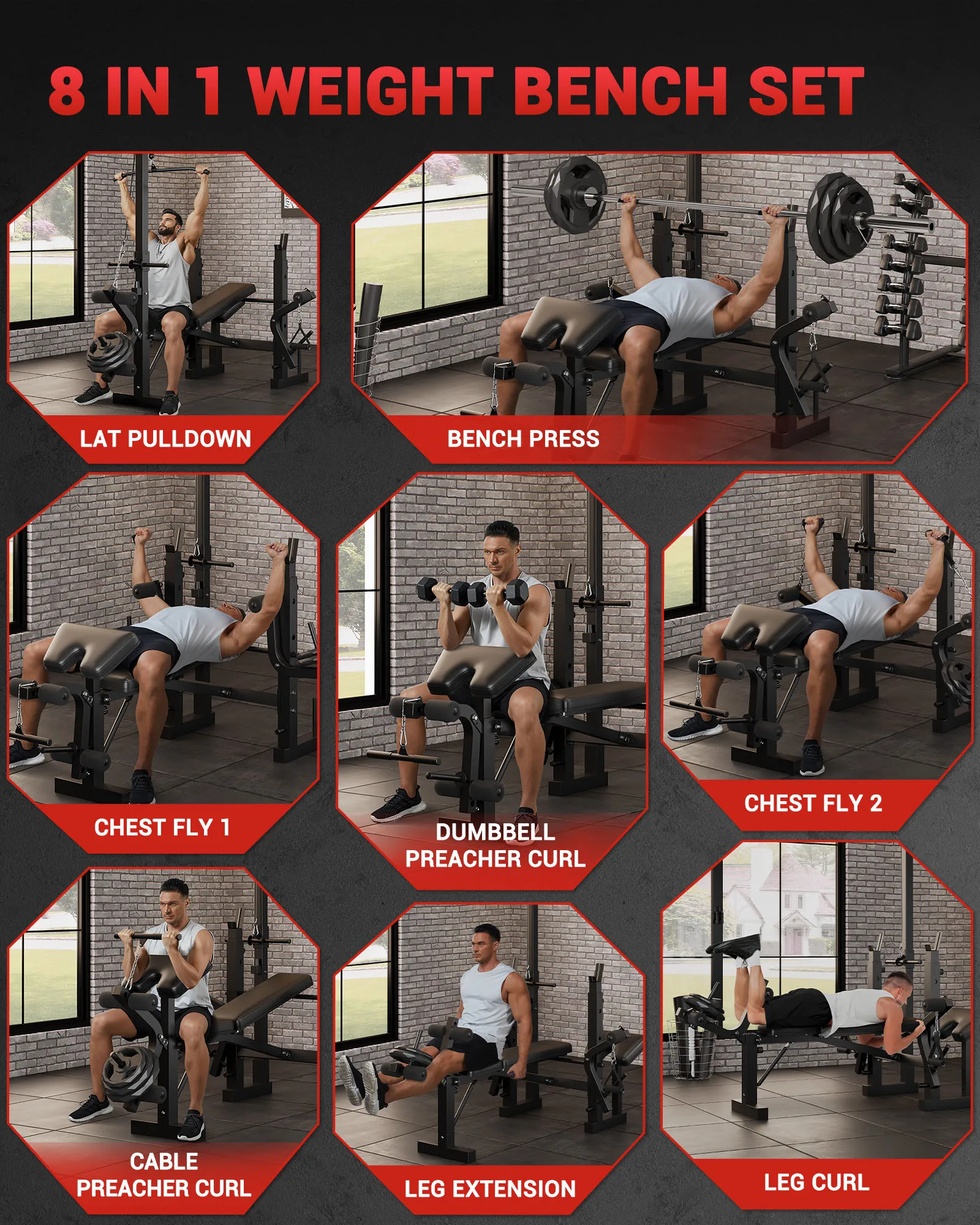 Adjustable 4-in-1 Weight Bench Set with Leg Developer Barbell Rack Butterfly Arm Preacher, Foldable Workout Bench for Home Gym