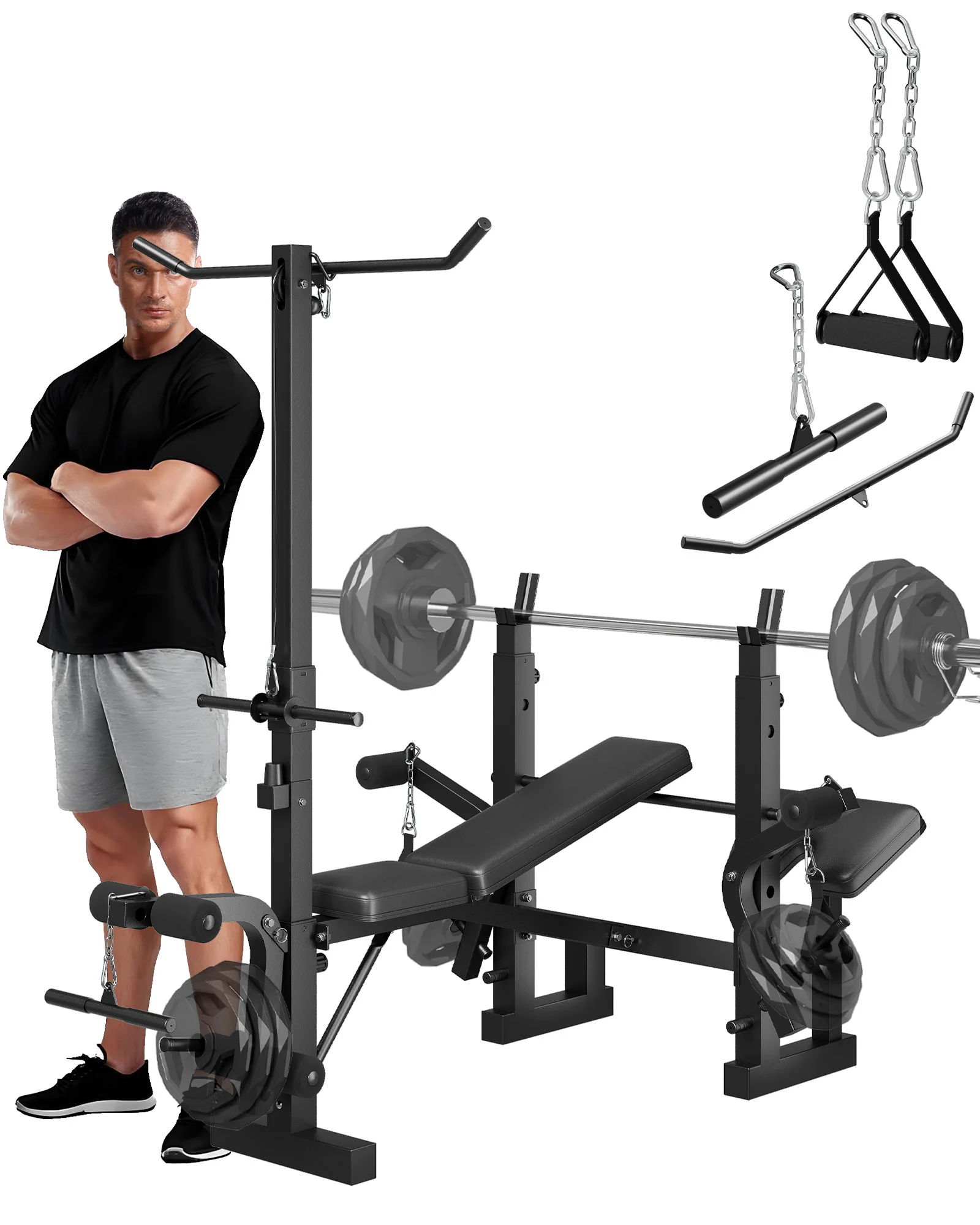 Adjustable 4-in-1 Weight Bench Set with Leg Developer Barbell Rack Butterfly Arm Preacher, Foldable Workout Bench for Home Gym