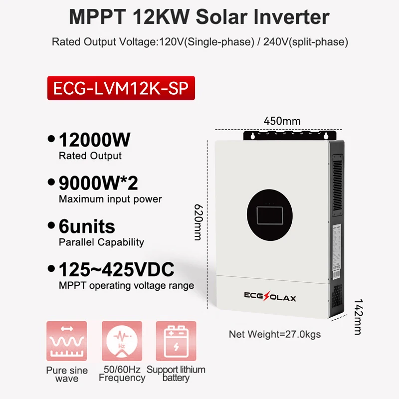 ECGSOLAX 12KW Hybrid Solar Inverter 48V 110V/240V Split Phase Hybrid Inverter With MPPT 200A Charging controller Built-in WIFI