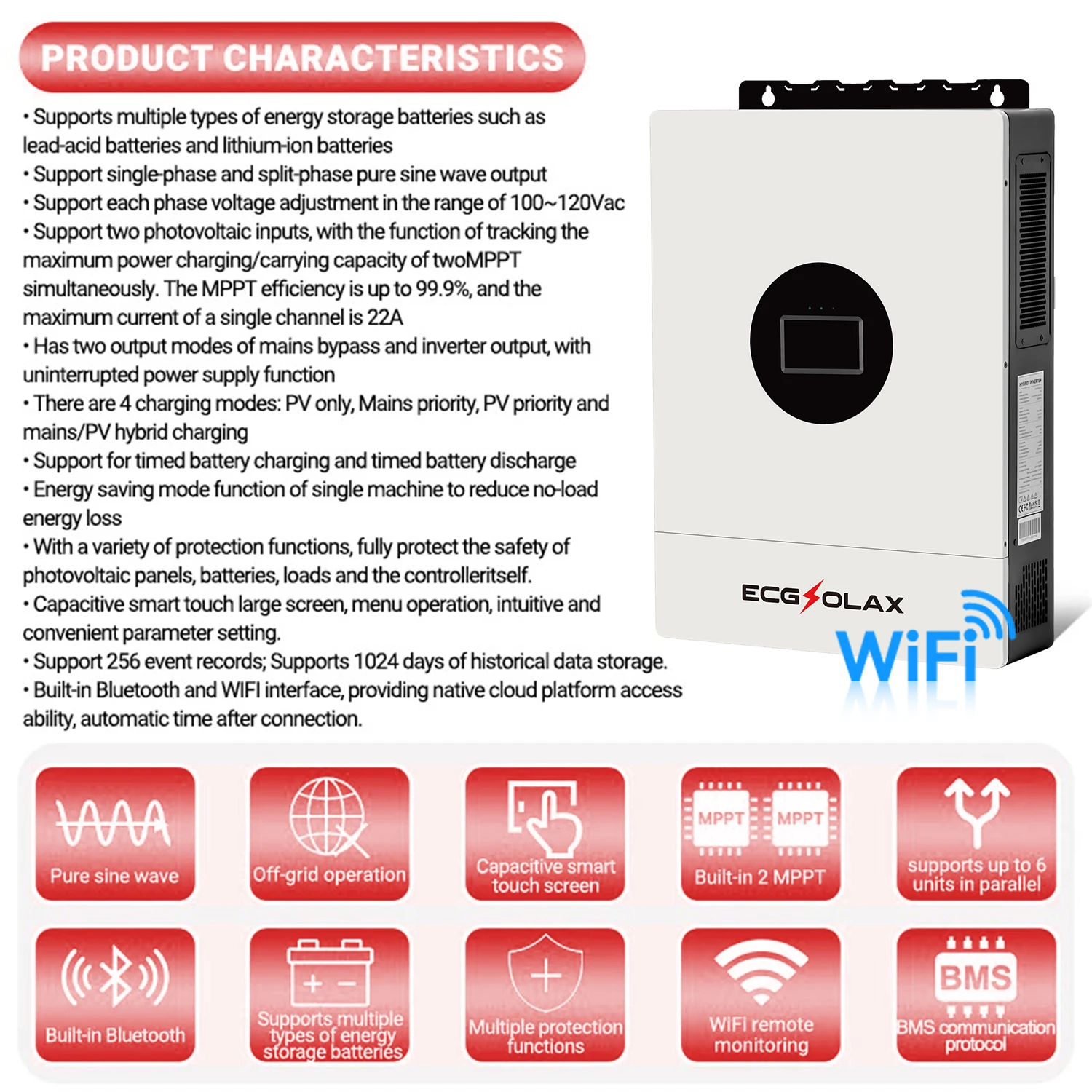 ECGSOLAX 12KW Hybrid Solar Inverter 48V 110V/240V Split Phase Hybrid Inverter With MPPT 200A Charging controller Built-in WIFI