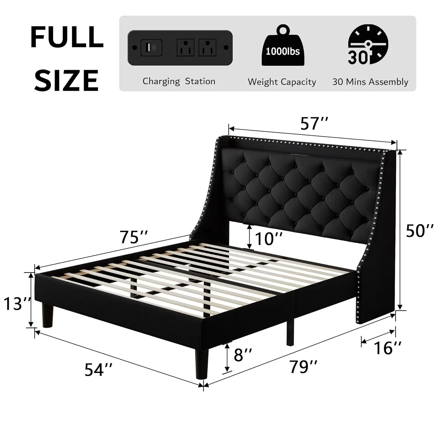 Upholstered Platform Bed Frame Wingback Charging Station Tufted Storage Headboard Wood Slats No Box Spring, Customized
