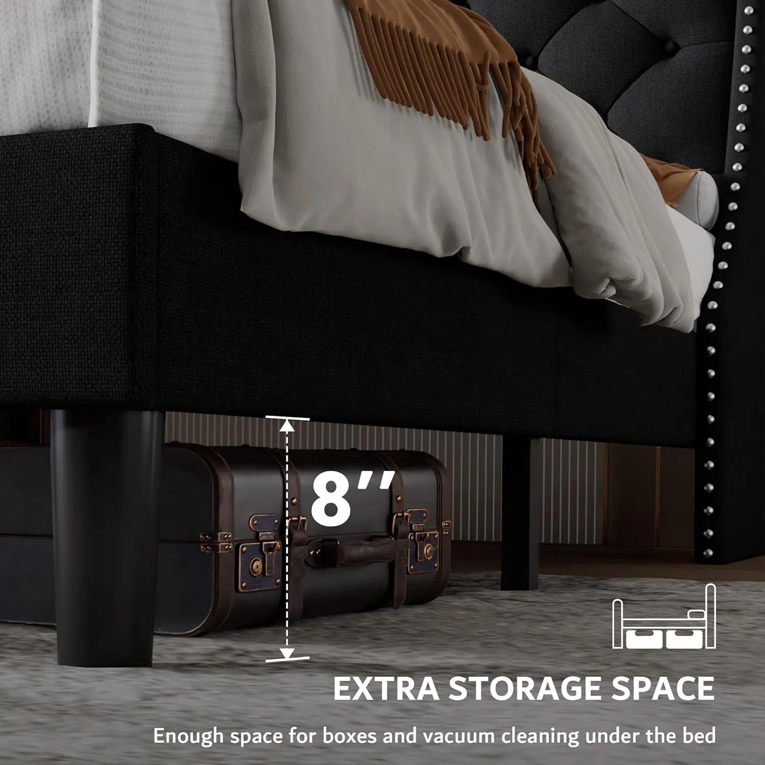 Upholstered Platform Bed Frame Wingback Charging Station Tufted Storage Headboard Wood Slats No Box Spring, Customized