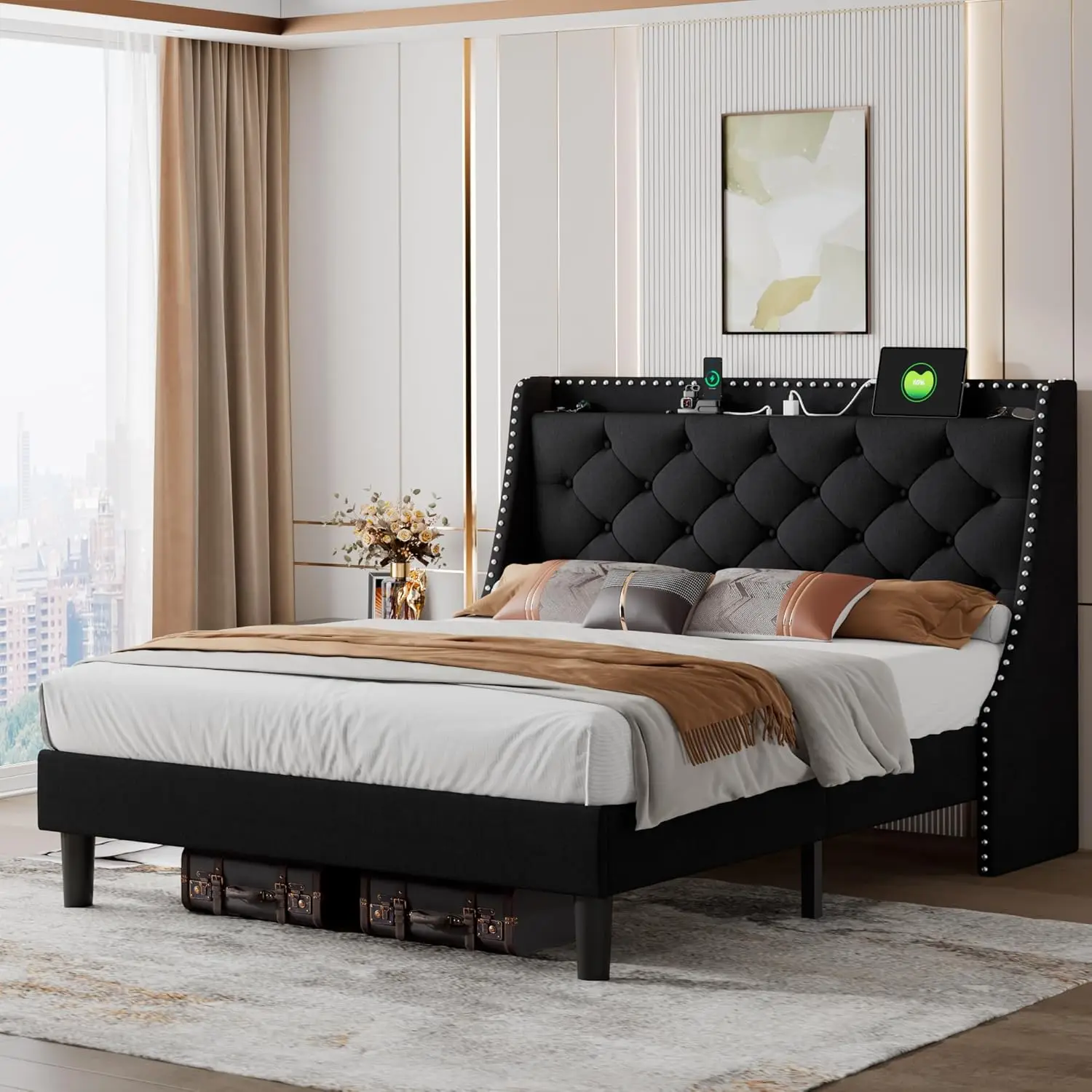 Upholstered Platform Bed Frame Wingback Charging Station Tufted Storage Headboard Wood Slats No Box Spring, Customized