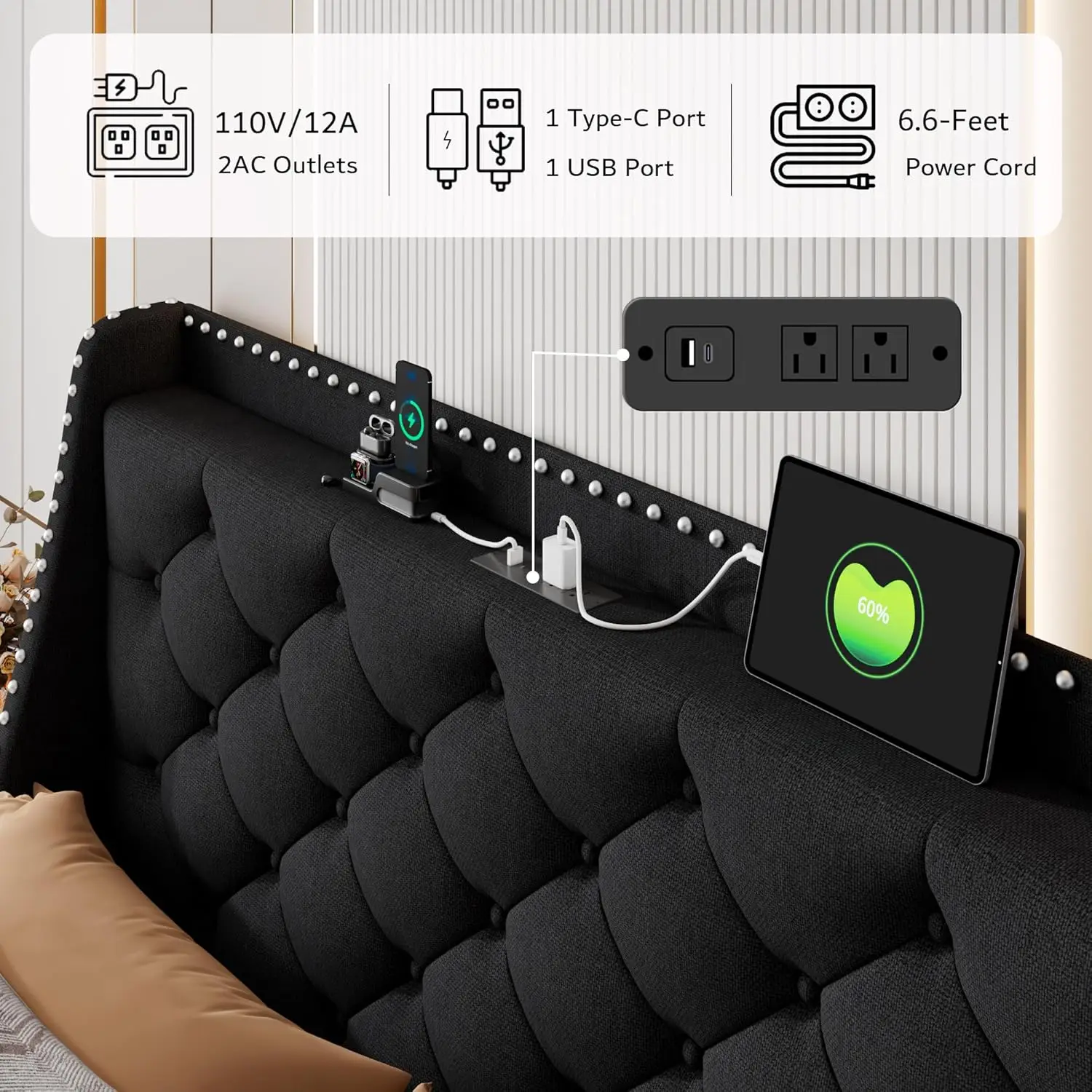Upholstered Platform Bed Frame Wingback Charging Station Tufted Storage Headboard Wood Slats No Box Spring, Customized