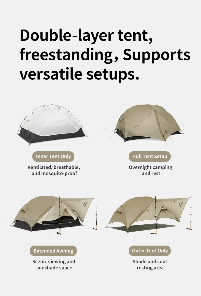 Naturehike Mongar UL Tent 2 Person 3 Season Camping Tent 15D Waterproof Ultralight Backpacking Tent for Hiking Cycling