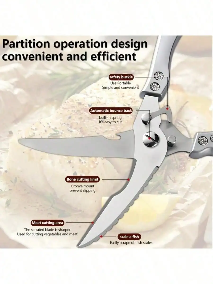 1PC Anti-Slip Grip Kitchen Scissors, Cutting Meat Turkey Fish Vegetable Stainless Steel Scissors, Anti-Slip Kitchen Utensil